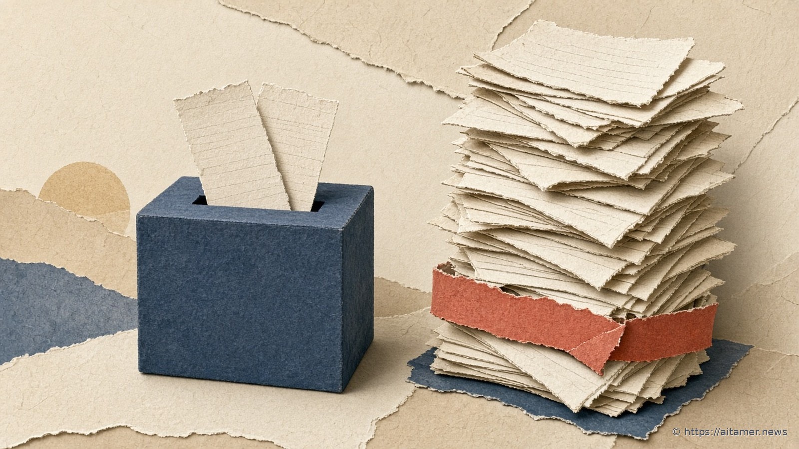 Paper-cut navy box with two cream slips standing in its slot, beside a tall pile of cream papers held by a coral band.