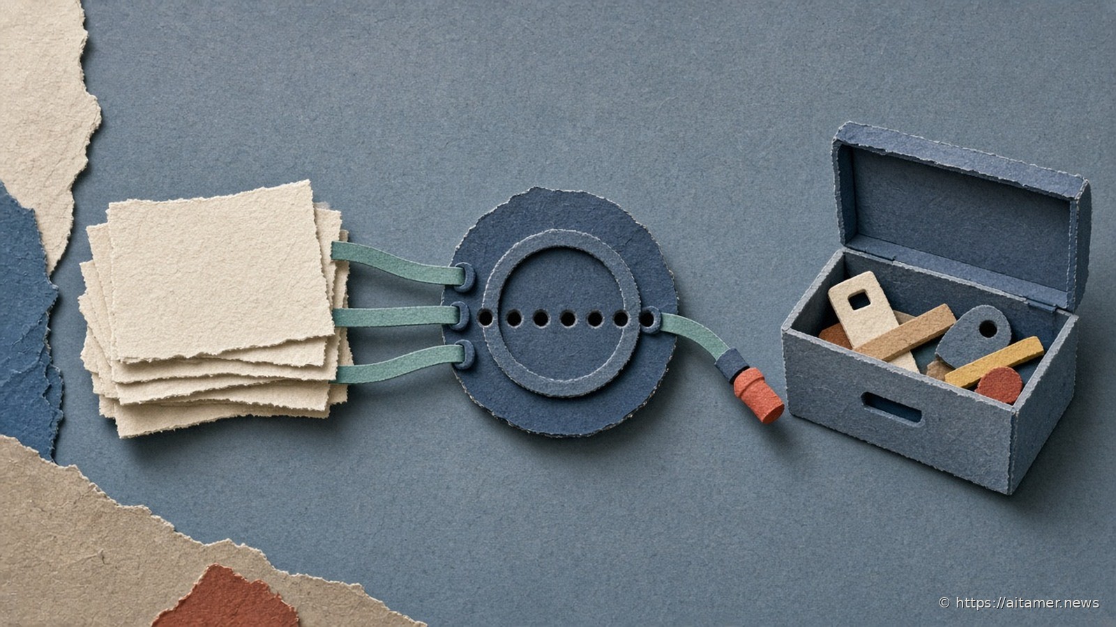 Paper-cut slate hub with sockets, teal cables from cream cards, a coral plug, and an open toolbox of small parts.