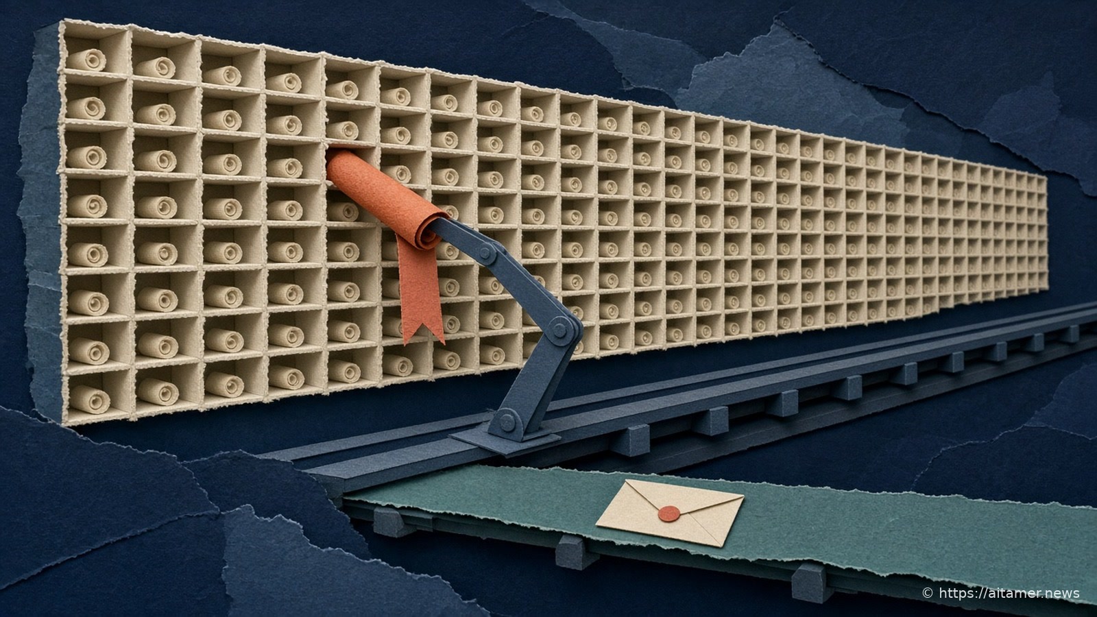 Cut-paper illustration of a wall of many cream pigeonholes with rolled scrolls, a slate-blue arm lifting one rust-orange scroll and a teal conveyor bringing an envelope.