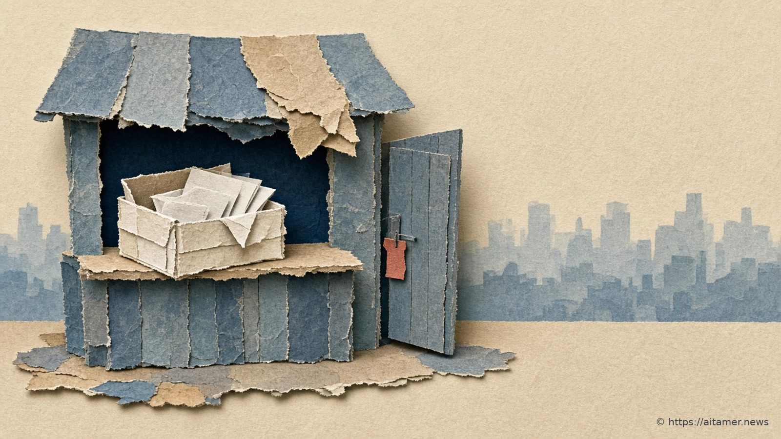 Cut-paper illustration of a closed-down market stall with files spilling out of an open crate onto the counter and an unlocked side door ajar.