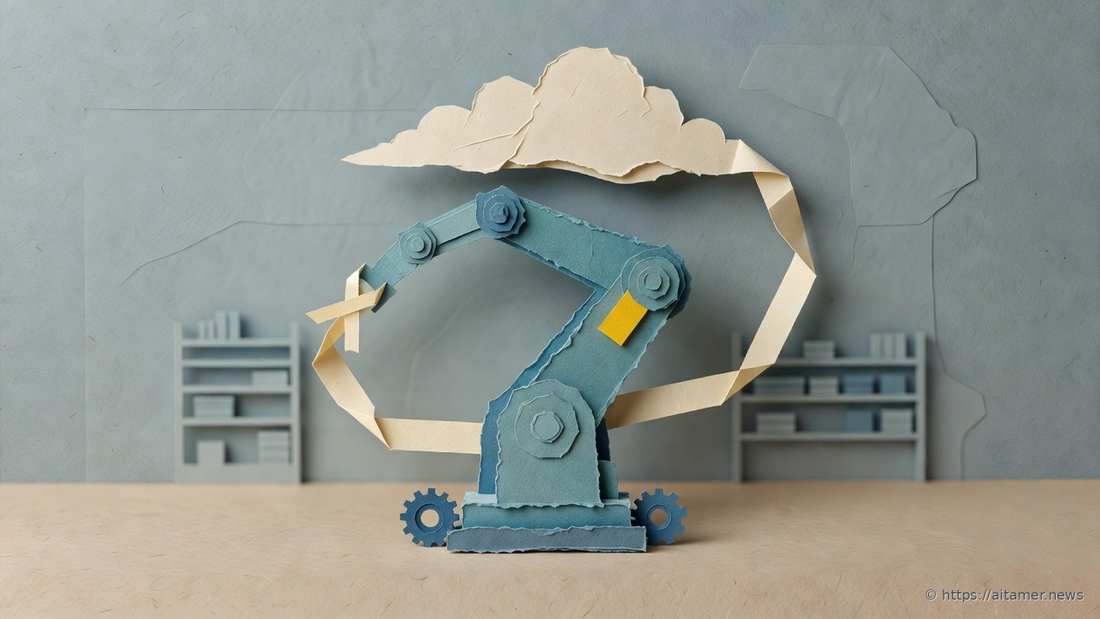 Paper-cut illustration of a teal industrial robot arm on a factory floor, linked to a cream cloud above by a looping paper ribbon, with warehouse shelves behind it.