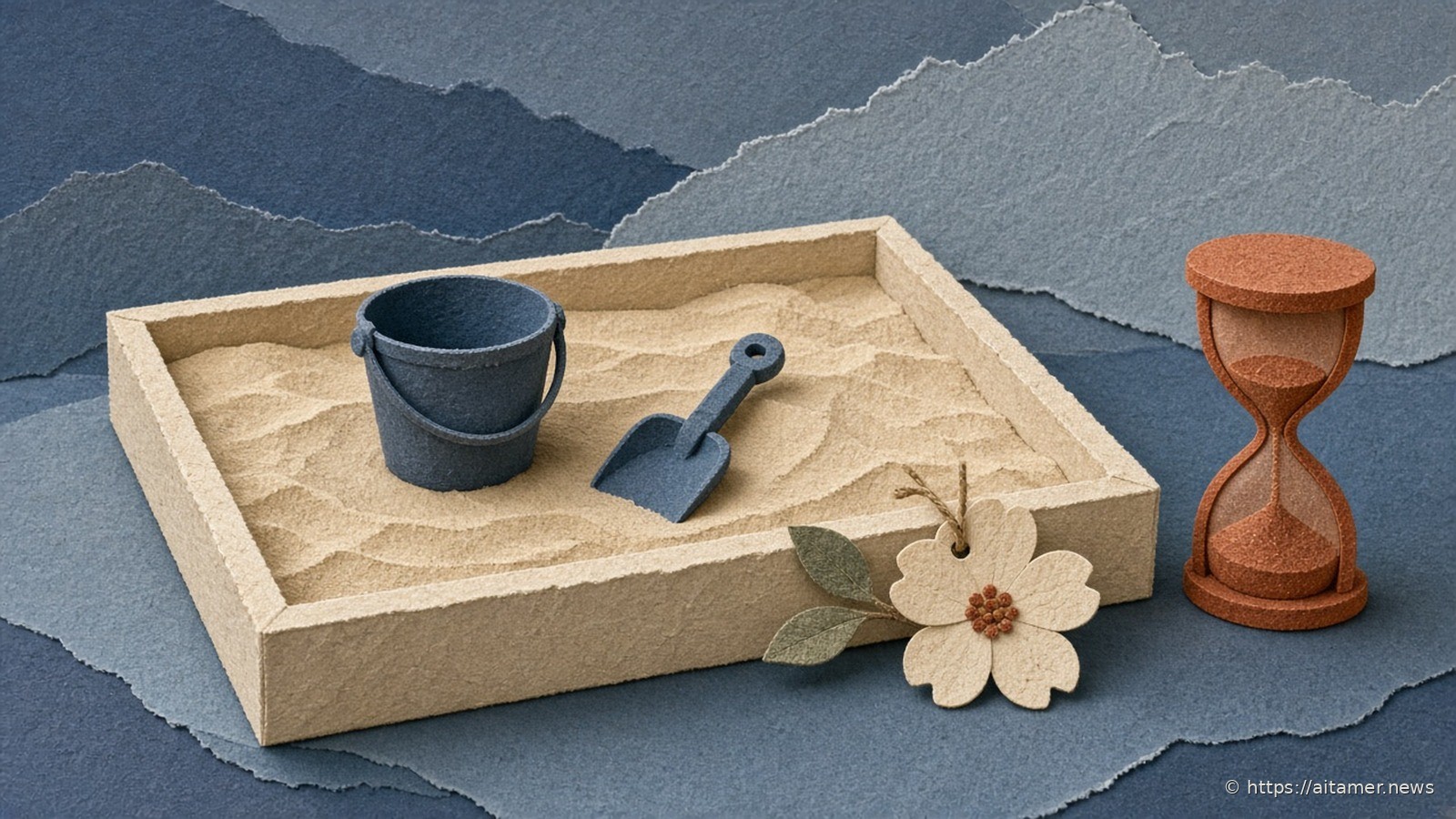 Paper-cut sand tray with a slate bucket and shovel, a cream dogwood flower pinned to its rim and a rust hourglass beside it.