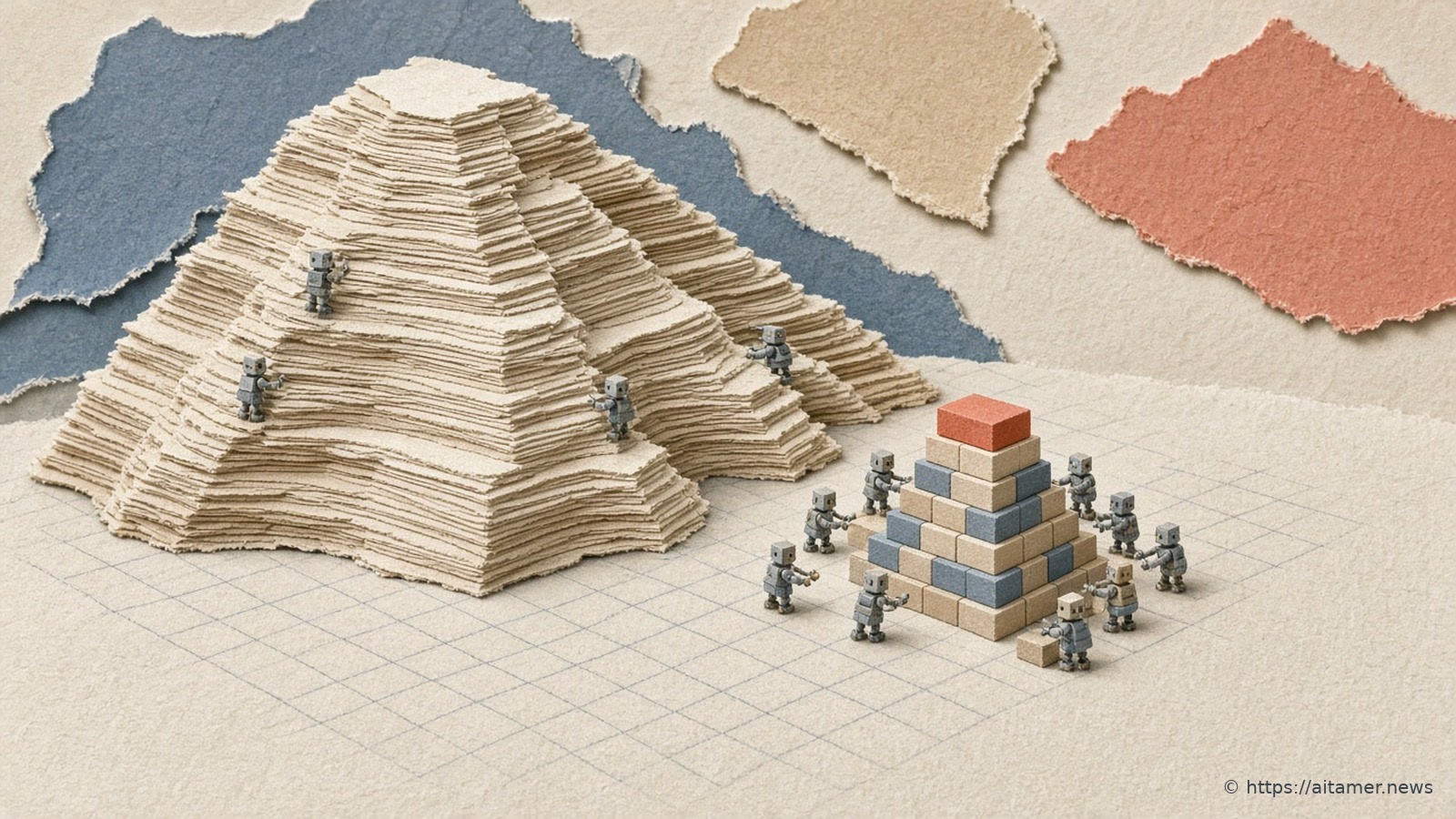 A paper-cut collage of a towering stack of blank pages climbed by tiny robots that fit blocks into a neat checked tower.