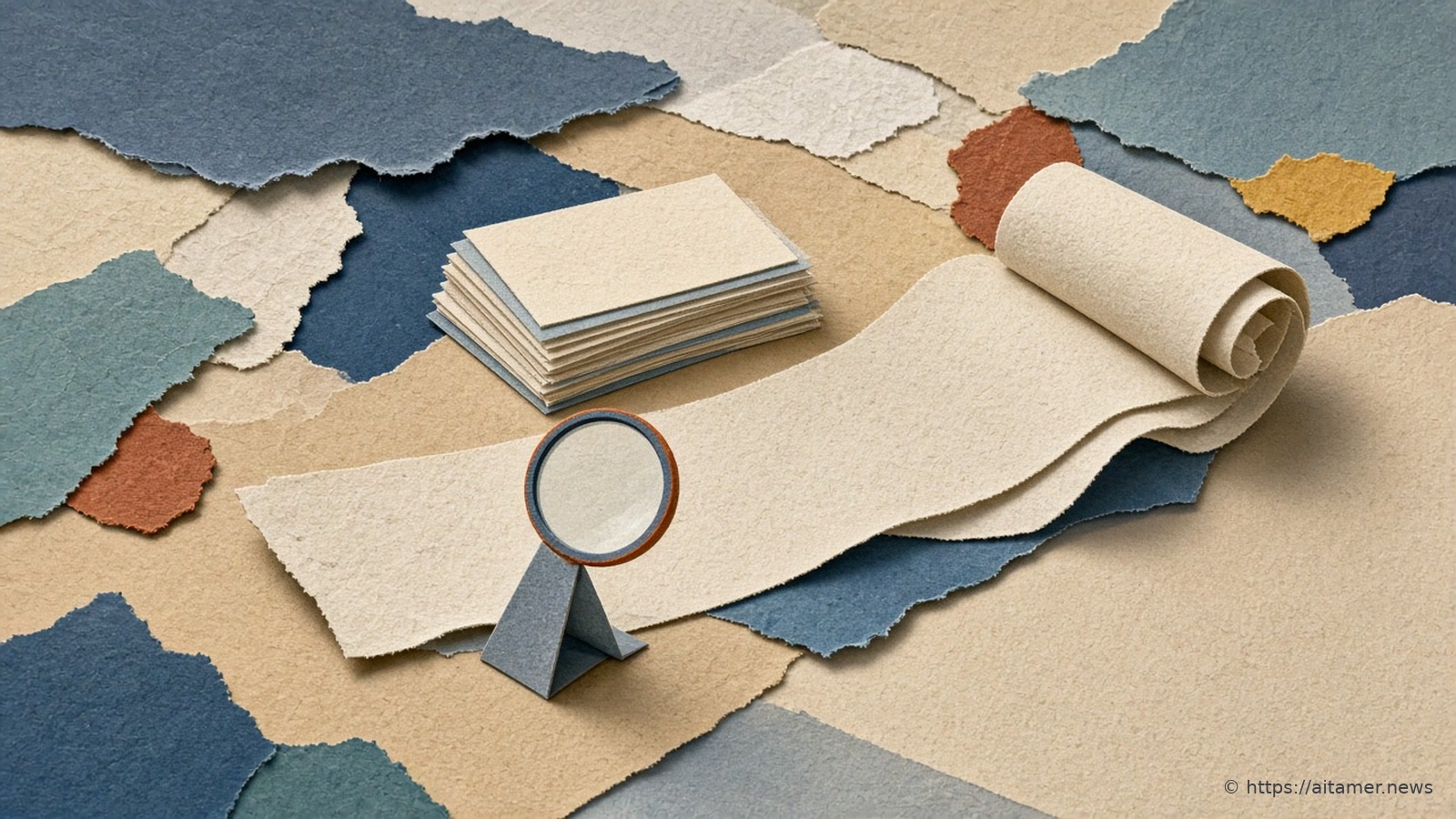 A paper-cut collage of a long blank scroll unrolling past a small magnifying lens that sorts it into neat cards.