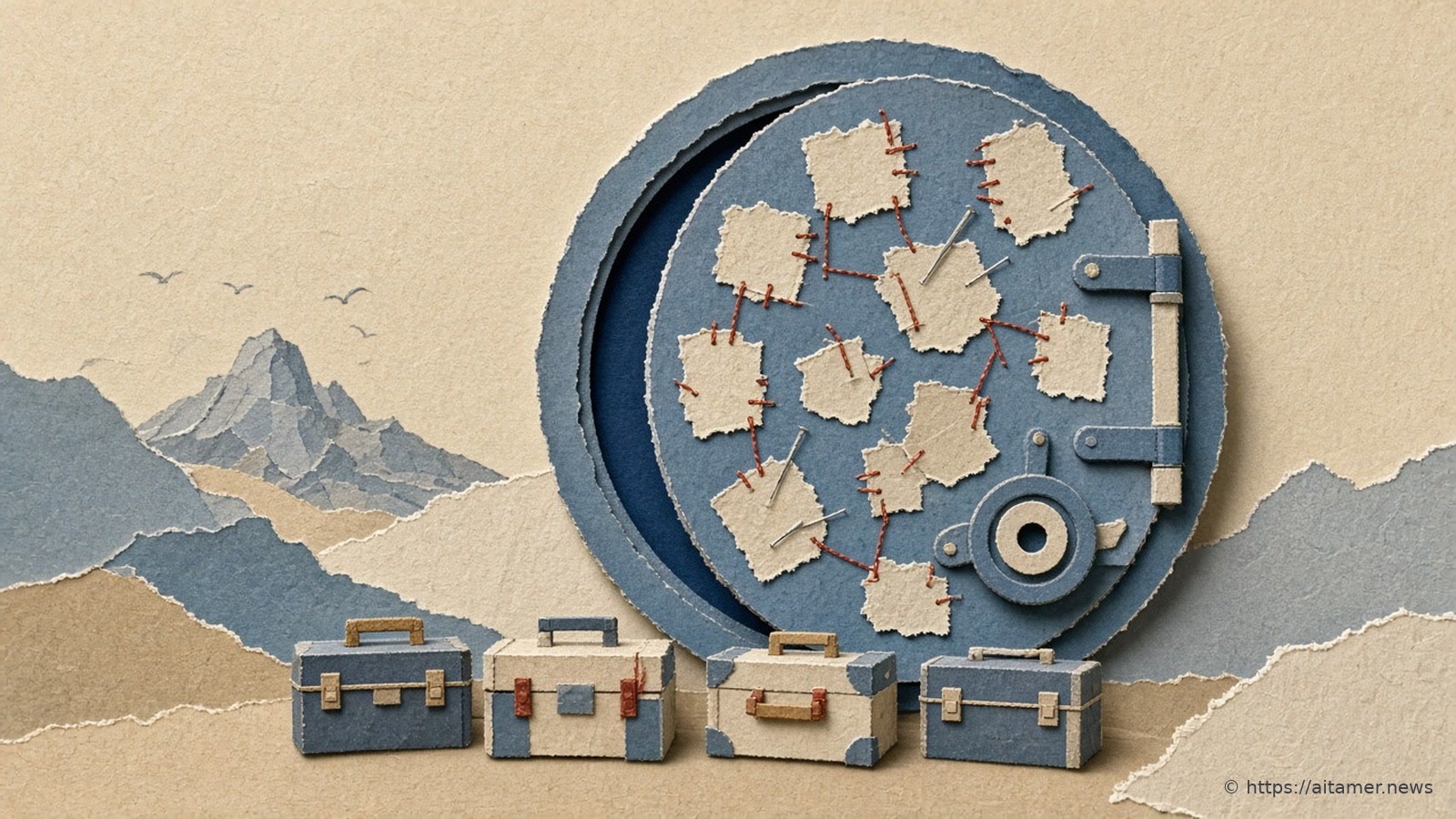 An open slate-blue cut-paper vault door with cream paper patches pinned inside, and four small toolboxes lined up in front of it.