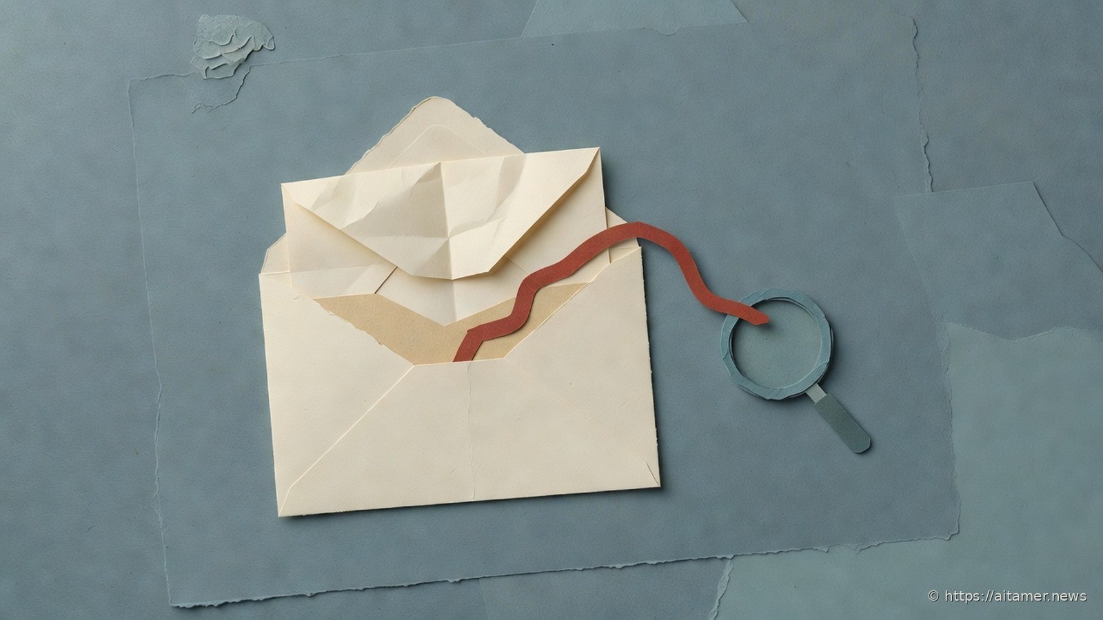 An open cream paper envelope on a steel-blue surface, a hidden rust-red strip curling out from an inner layer toward a magnifying lens.