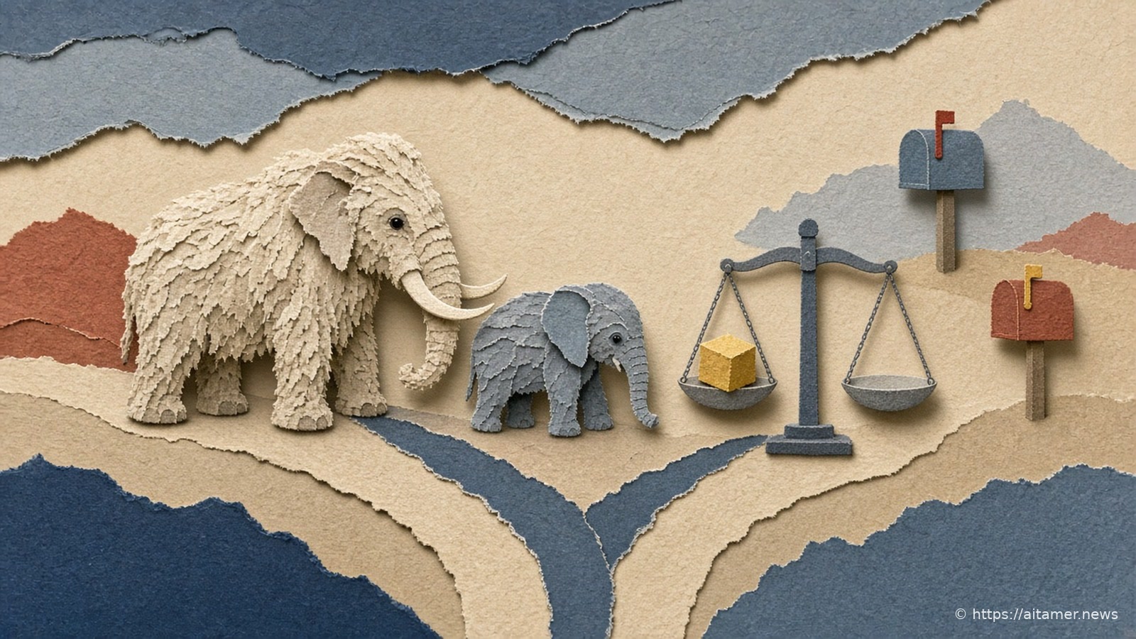 Paper-cut illustration of a mammoth and a smaller elephant at a fork in a path leading to two mailboxes, with a balance scale between them.