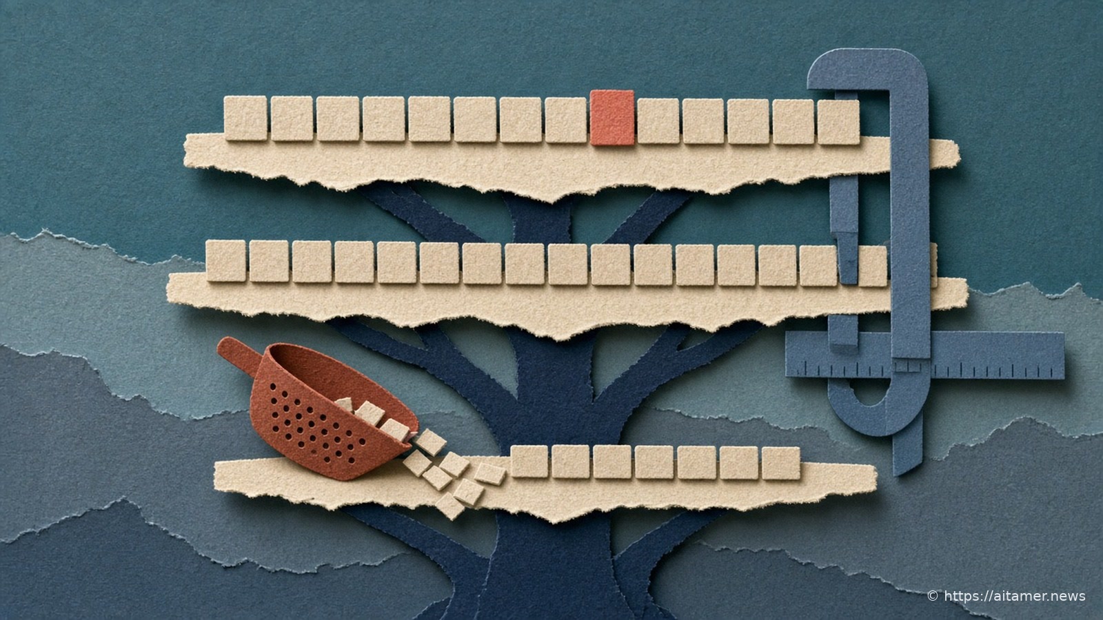 Cut-paper illustration of a wide, low tree of flat shelves packed with small tiles, with a caliper clamped on one shelf and a red sieve sifting tiles below.