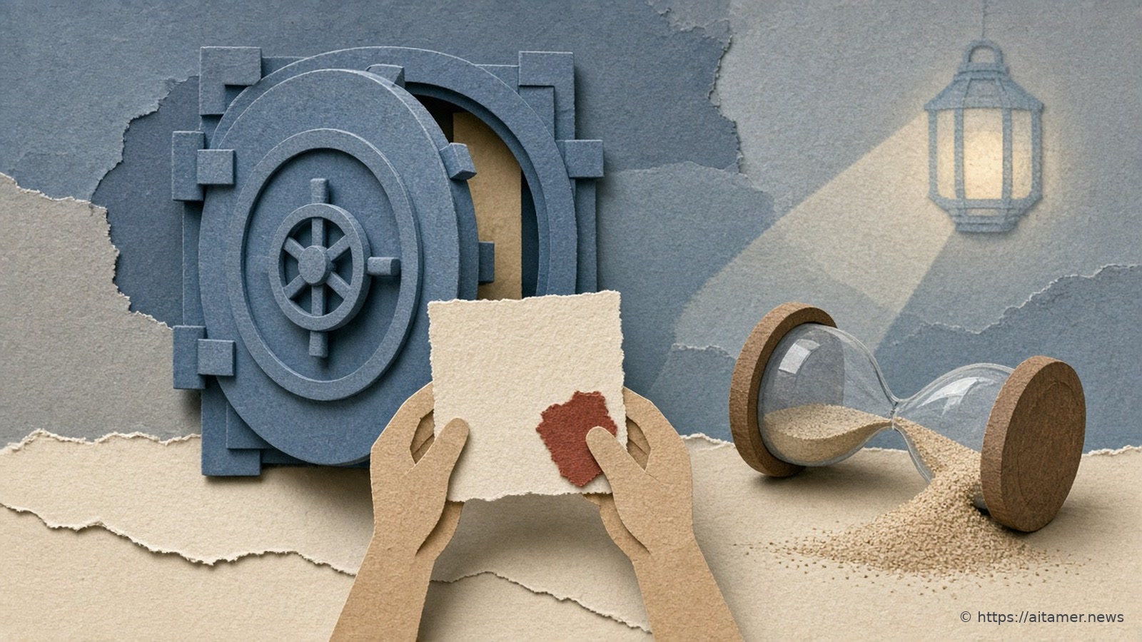 Cut-paper scene of a steel-blue vault door standing ajar, paper hands holding out an ivory patch with a rusty-red spot, and an hourglass tipped on its side spilling sand under a lantern's soft beam.