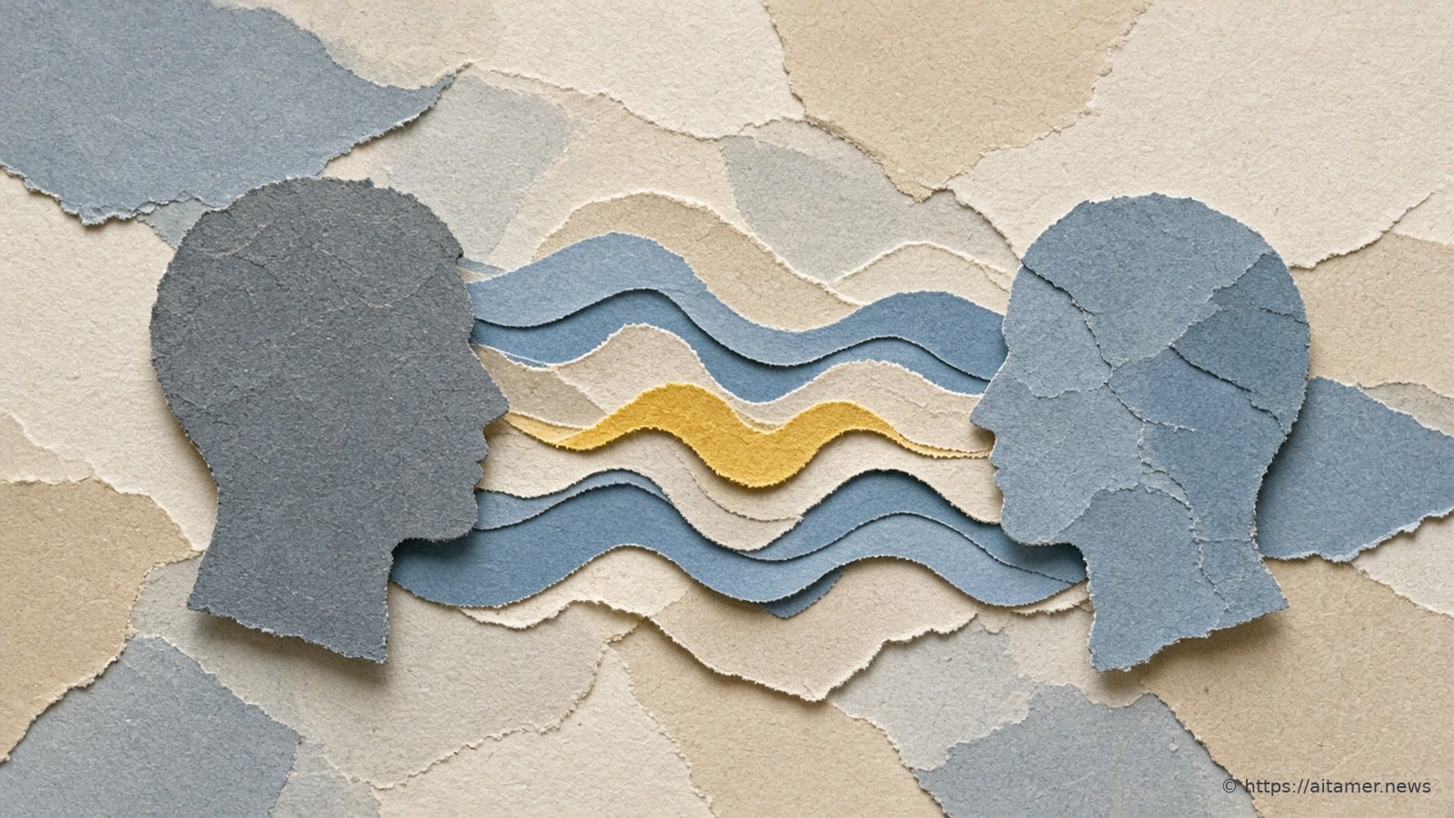 Two paper head profiles facing each other, joined by layered blue and cream sound-wave ribbons with one yellow wave at the center.