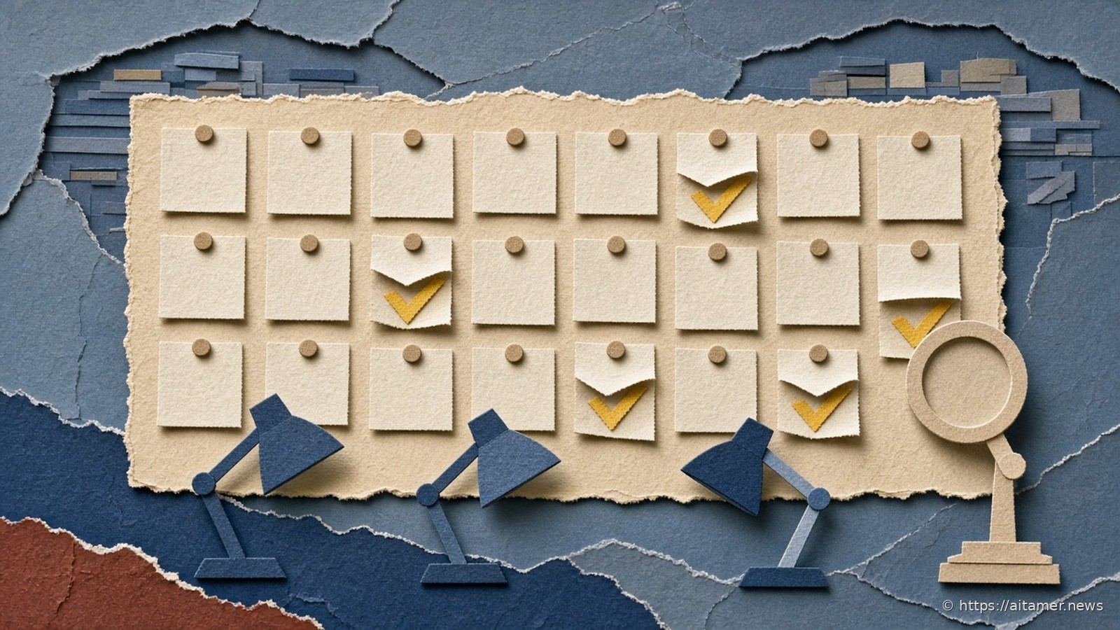 Paper-cut illustration of a corkboard of blank pinned cards, several flipped to show yellow check marks, with three slate-blue desk lamps working below and a cream lens lamp inspecting one card.