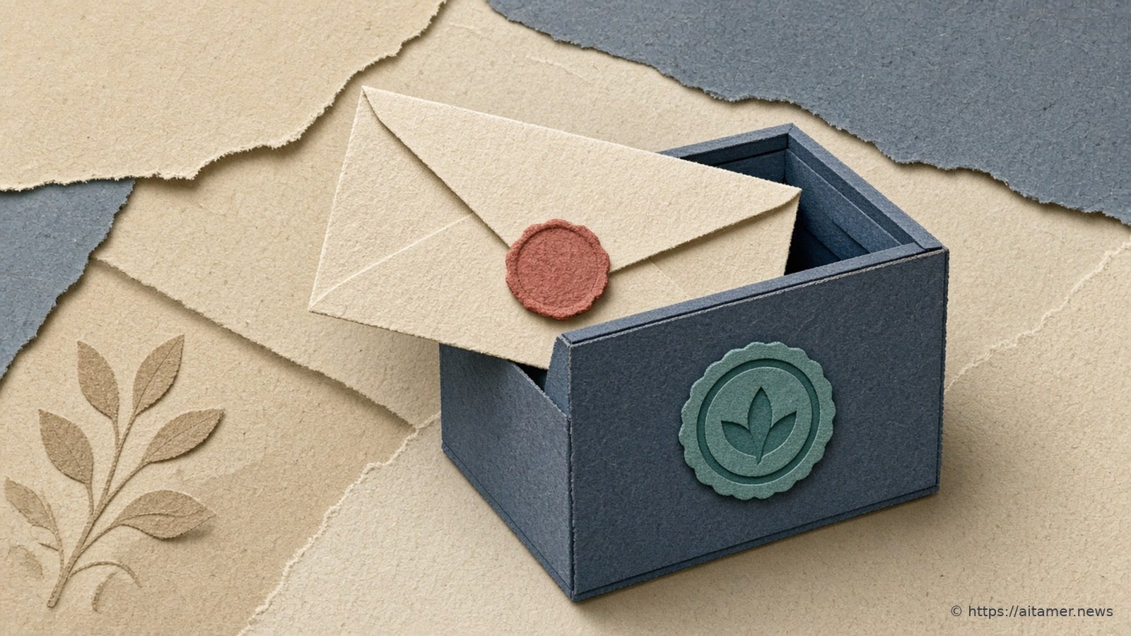 Paper-craft cream envelope with a coral wax seal tucked into a slate-blue box marked with a teal leaf badge, on layered torn paper.