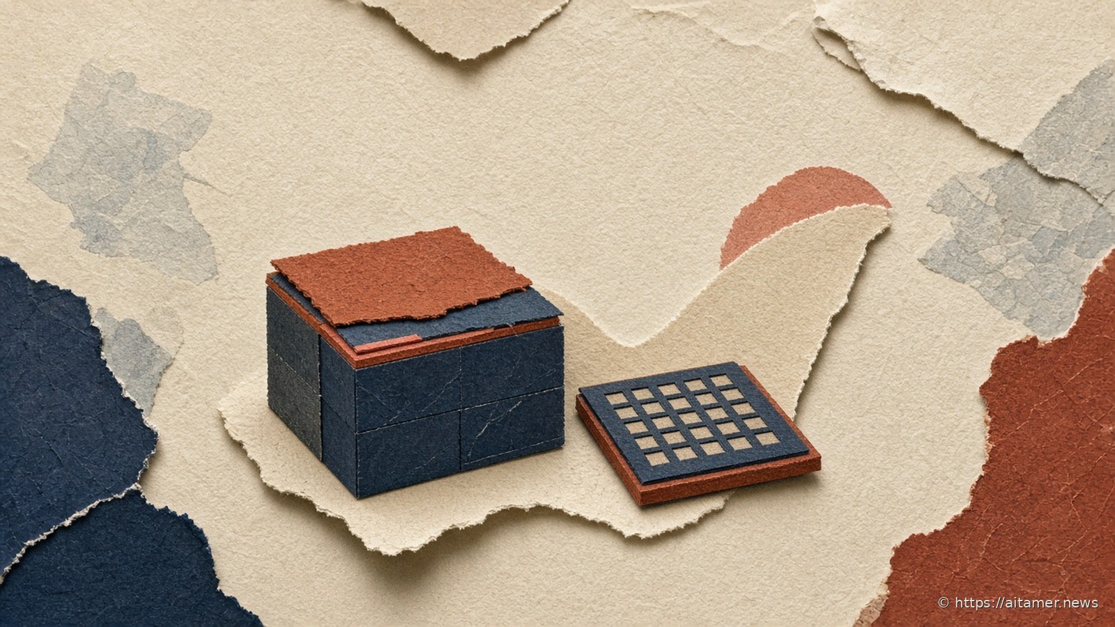 Navy cut-paper cube with a rust torn top beside a rust-and-slate 4x4 grid chip on layered cream paper, suggesting a matched Burn and CubeCL pair.