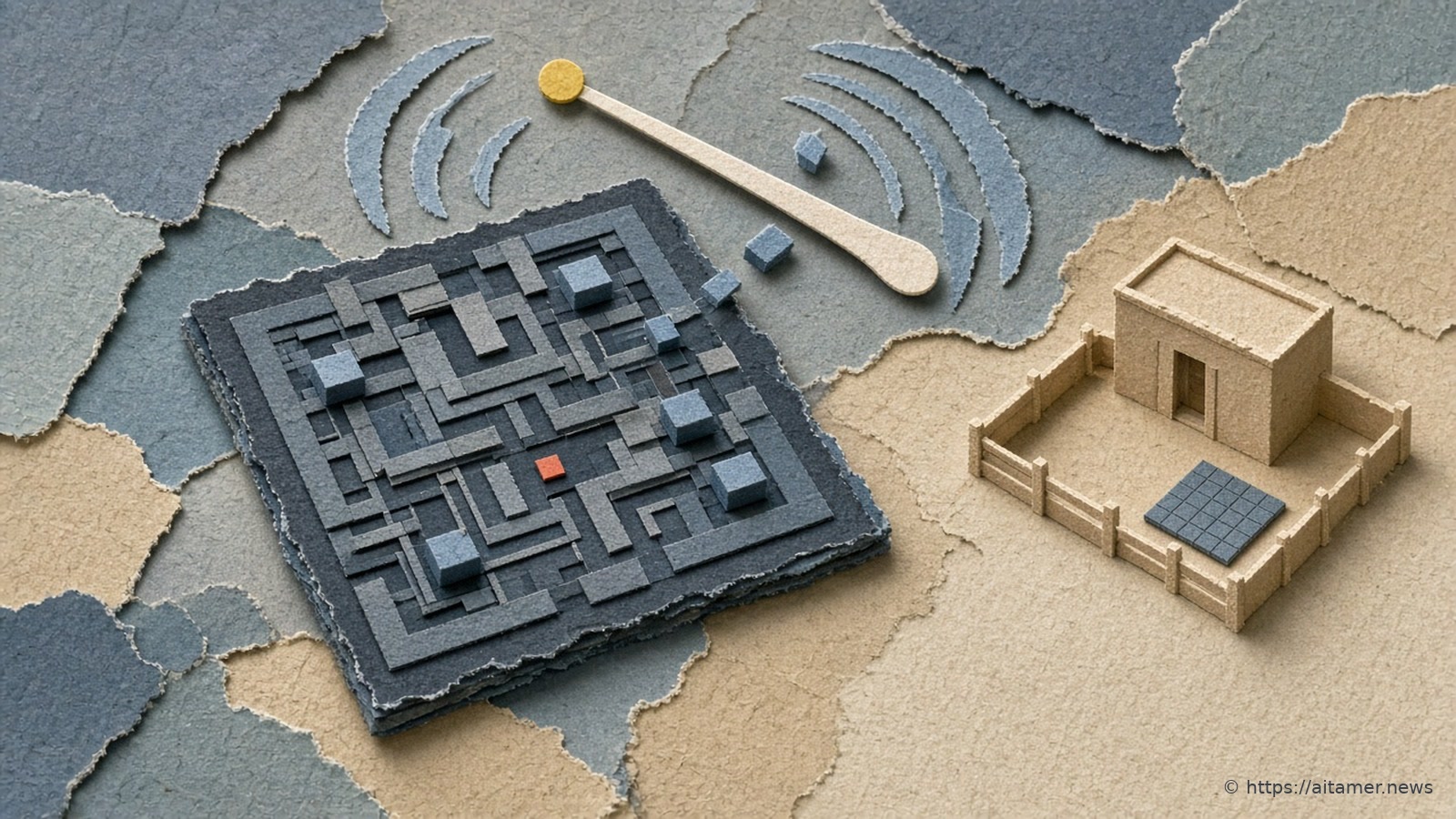Cut-paper illustration of a floating conductor's baton guiding blocks into place on a chip die, beside a small fenced building holding a second die.