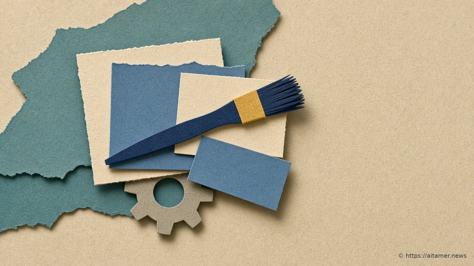 A navy paper paintbrush sweeps across a layout card of ivory and dusty-blue rectangles, two of them shifting position.