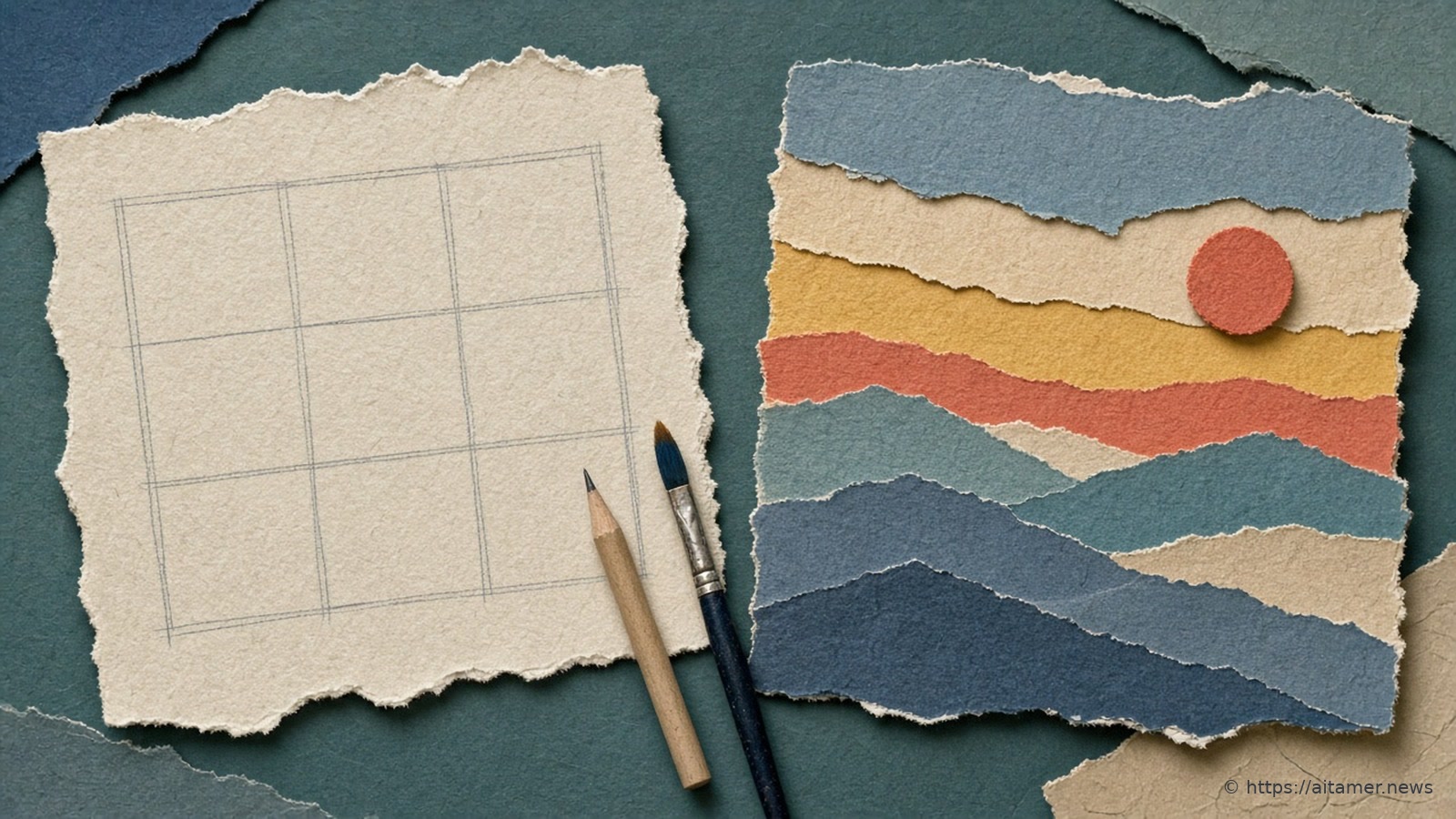 Paper collage of two sheets on a teal table: a pencil layout grid on the left and a finished torn-paper landscape with a coral sun on the right, a pencil and brush between them.