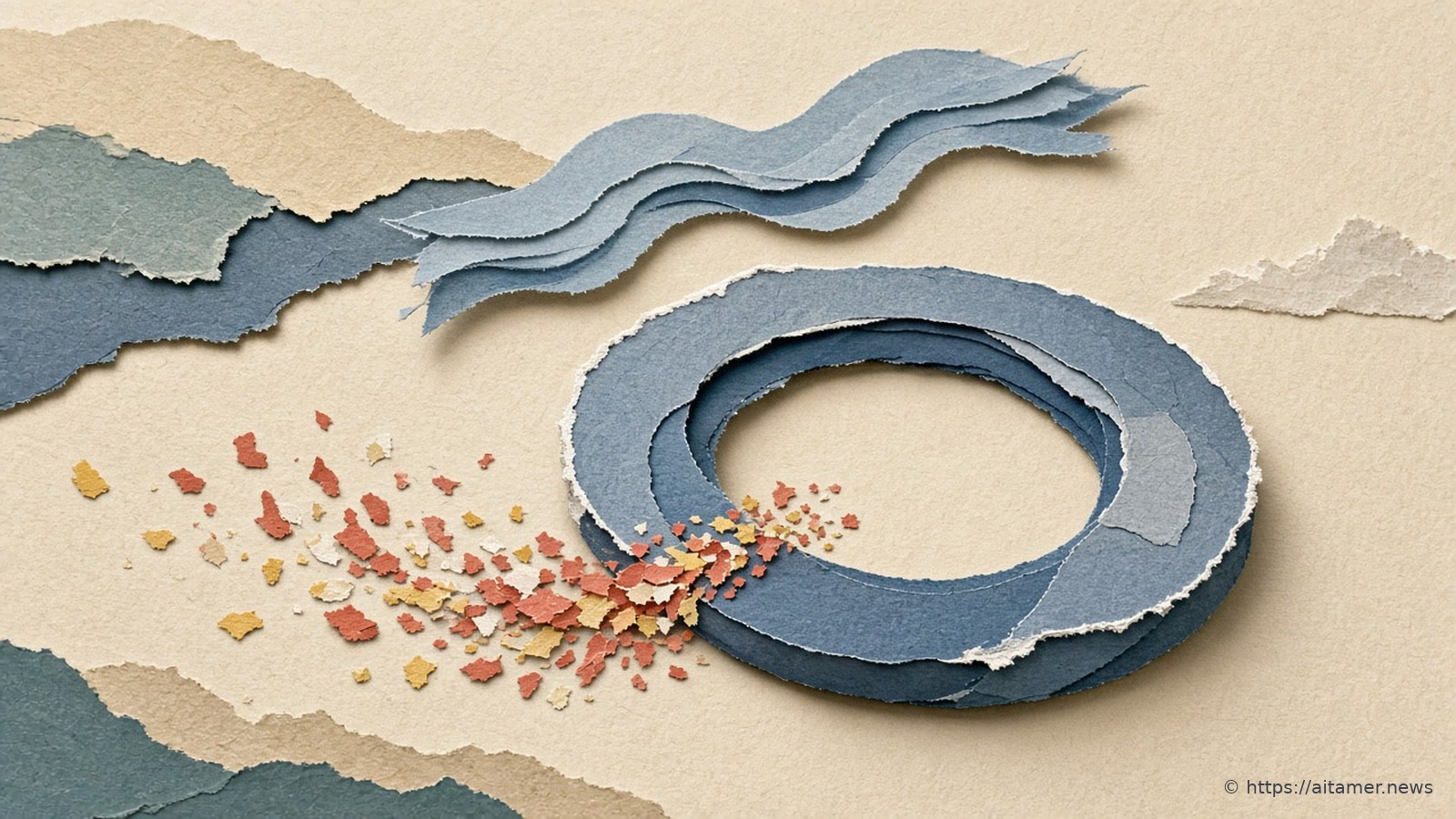 A slate-blue cut-paper ring like a particle accelerator, with a trail of small coral and sulfur-yellow paper fragments streaming out from it.