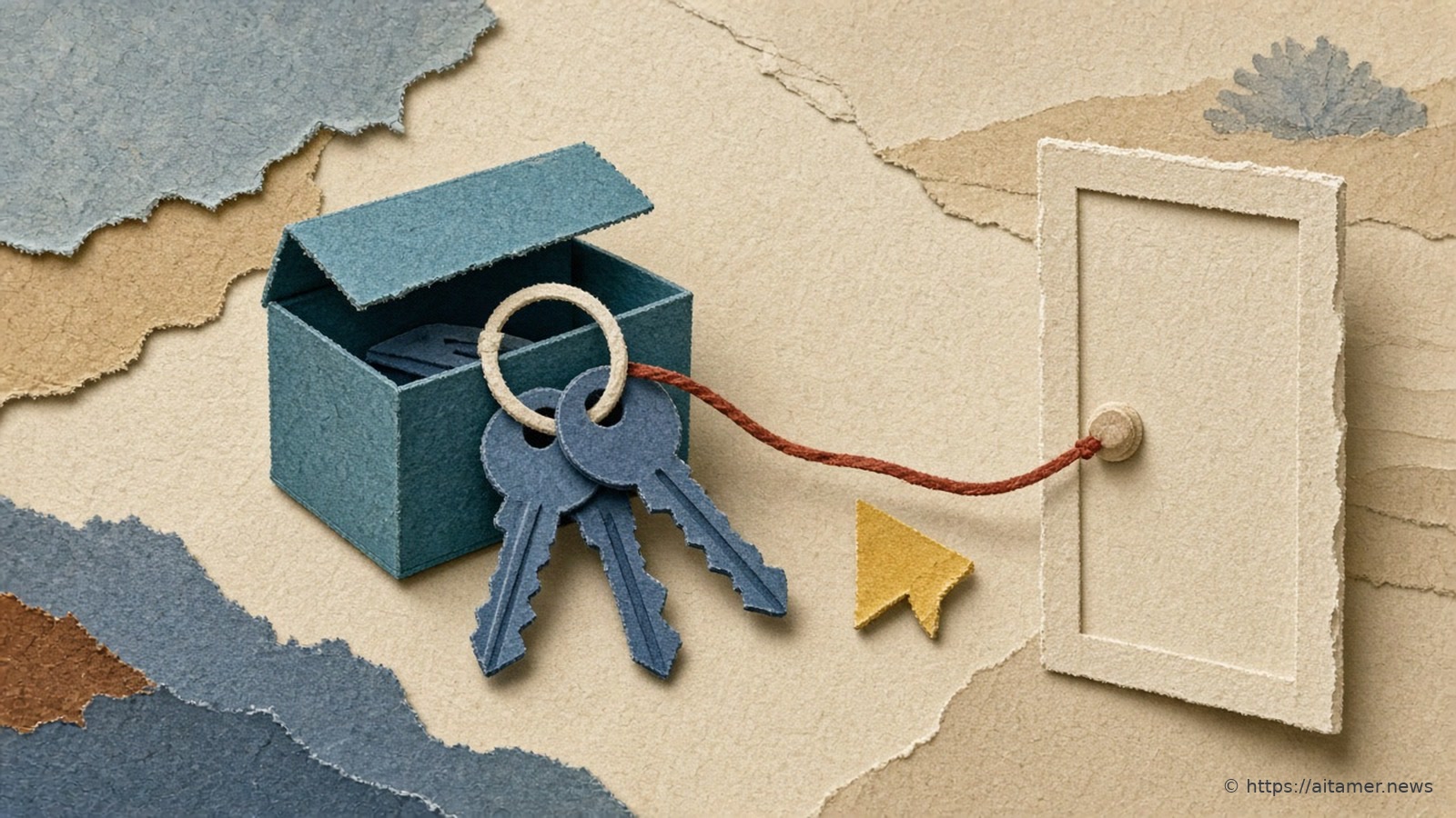 An open teal paper box with a ring of navy paper keys, a coral thread running from the keys to a cream door, and a small yellow arrow.