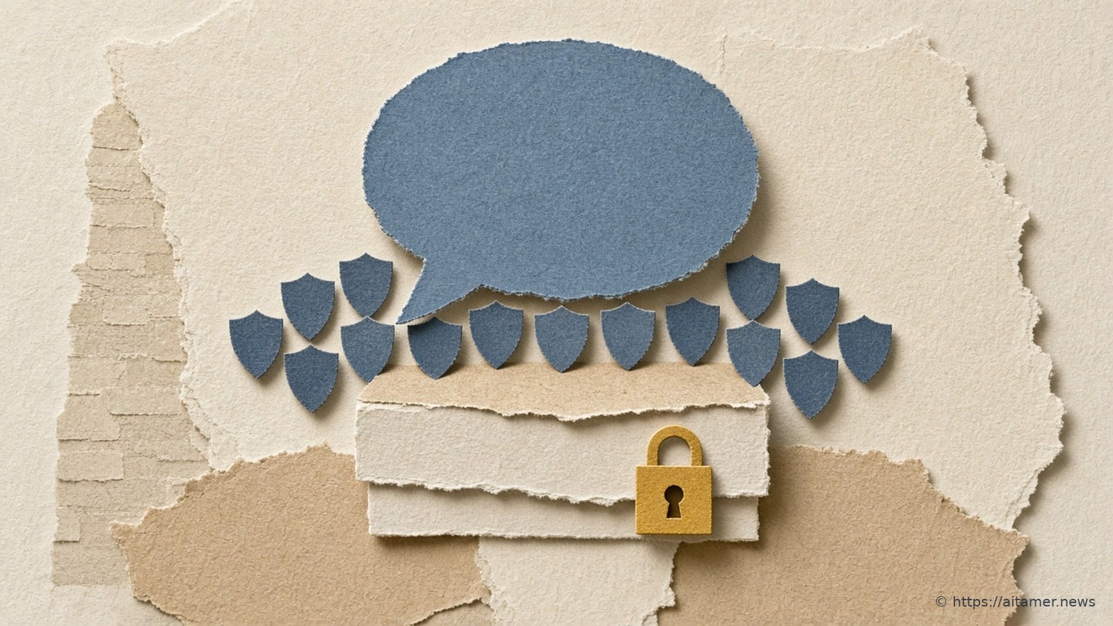A dusty-blue paper speech bubble above a cream paper pedestal, ringed by small slate-blue paper shields, with a sulfur-yellow paper padlock on the pedestal.