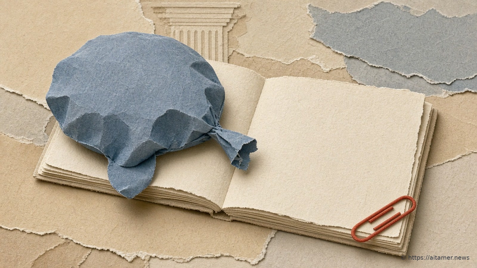 A deflated dusty-blue paper speech bubble slumped over an open cream ledger with blank pages, held at one corner by a rusty-red paper clip.