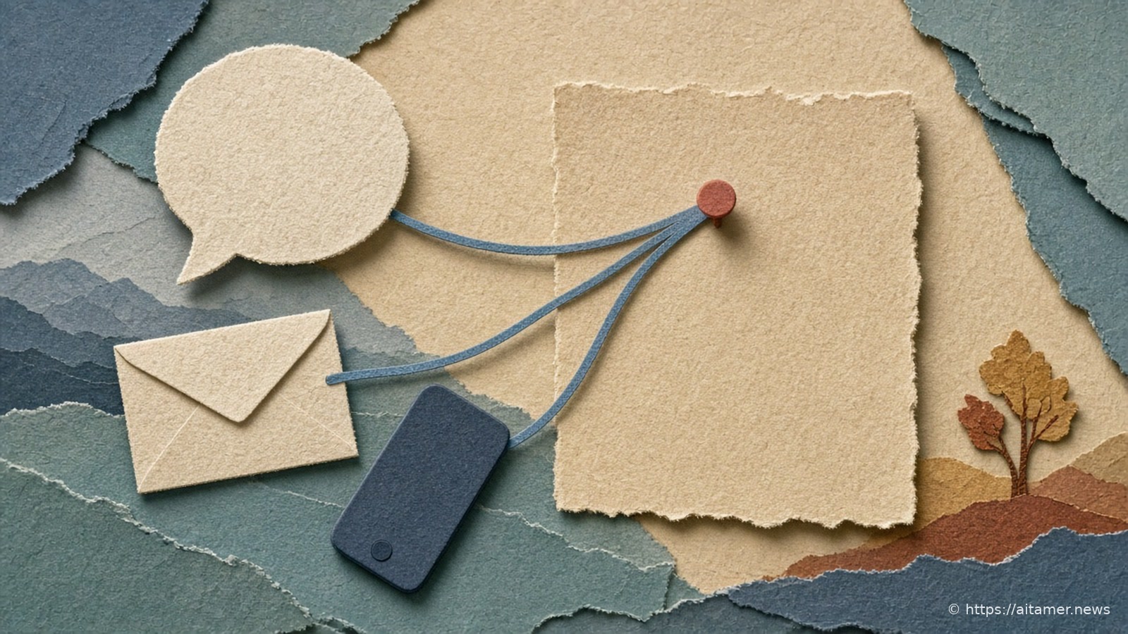 A cream paper card linked by slate-blue lines to an envelope, a phone silhouette, and a speech bubble.