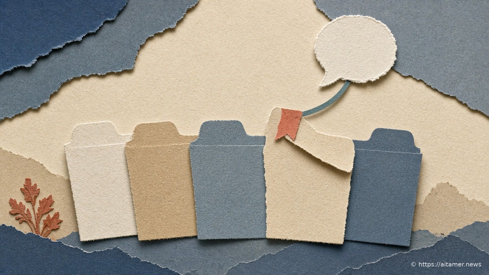 Five paper folder tabs in cream, sand, and slate, one marked by a coral flag linked to a speech bubble above, on slate-blue layers.