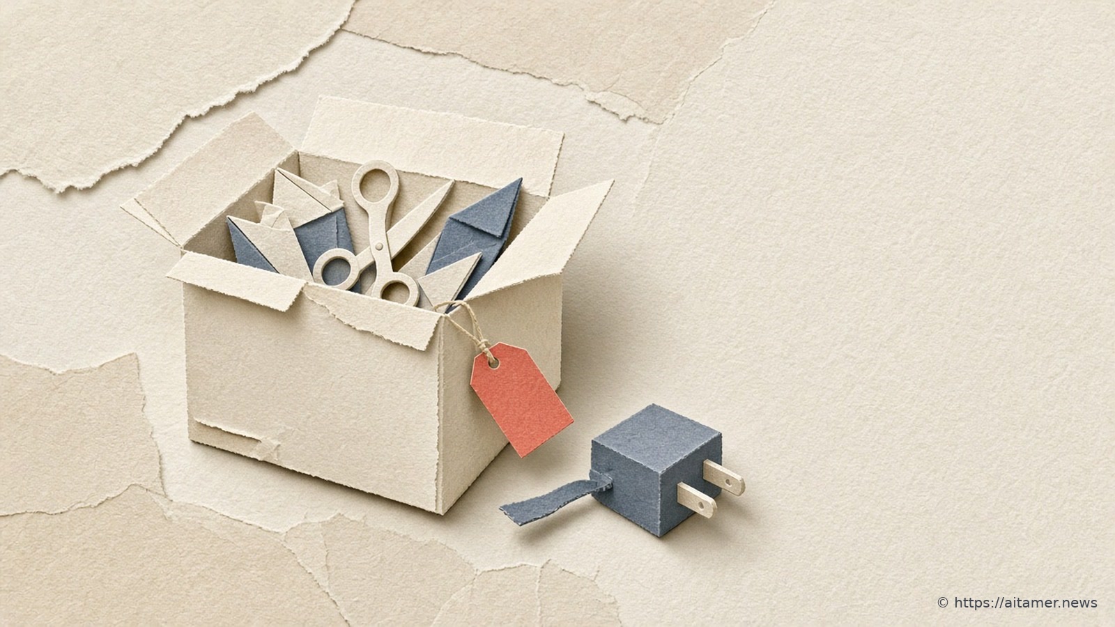 A cream paper moving box packed with folded paper tools and a coral tag, beside an unplugged slate blue paper plug.