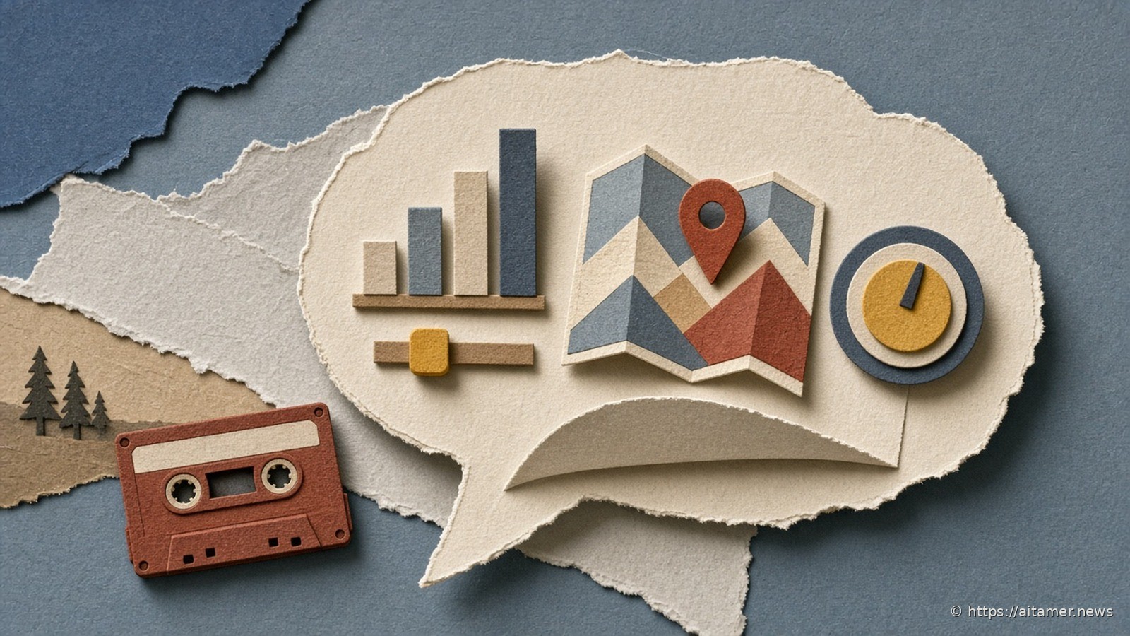 Paper-cut cream speech bubble with a pop-up bar chart and slider, a folded map with a rust pin and a dial, beside a rust cassette.