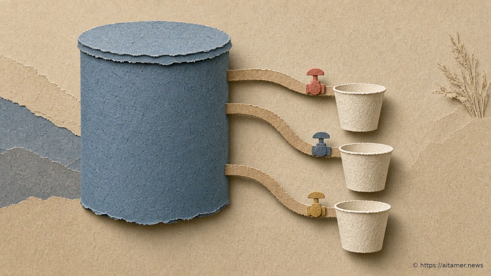 Paper-cut illustration of a large blue water tank feeding three small cups through thin pipes, each pipe with its own small tap.