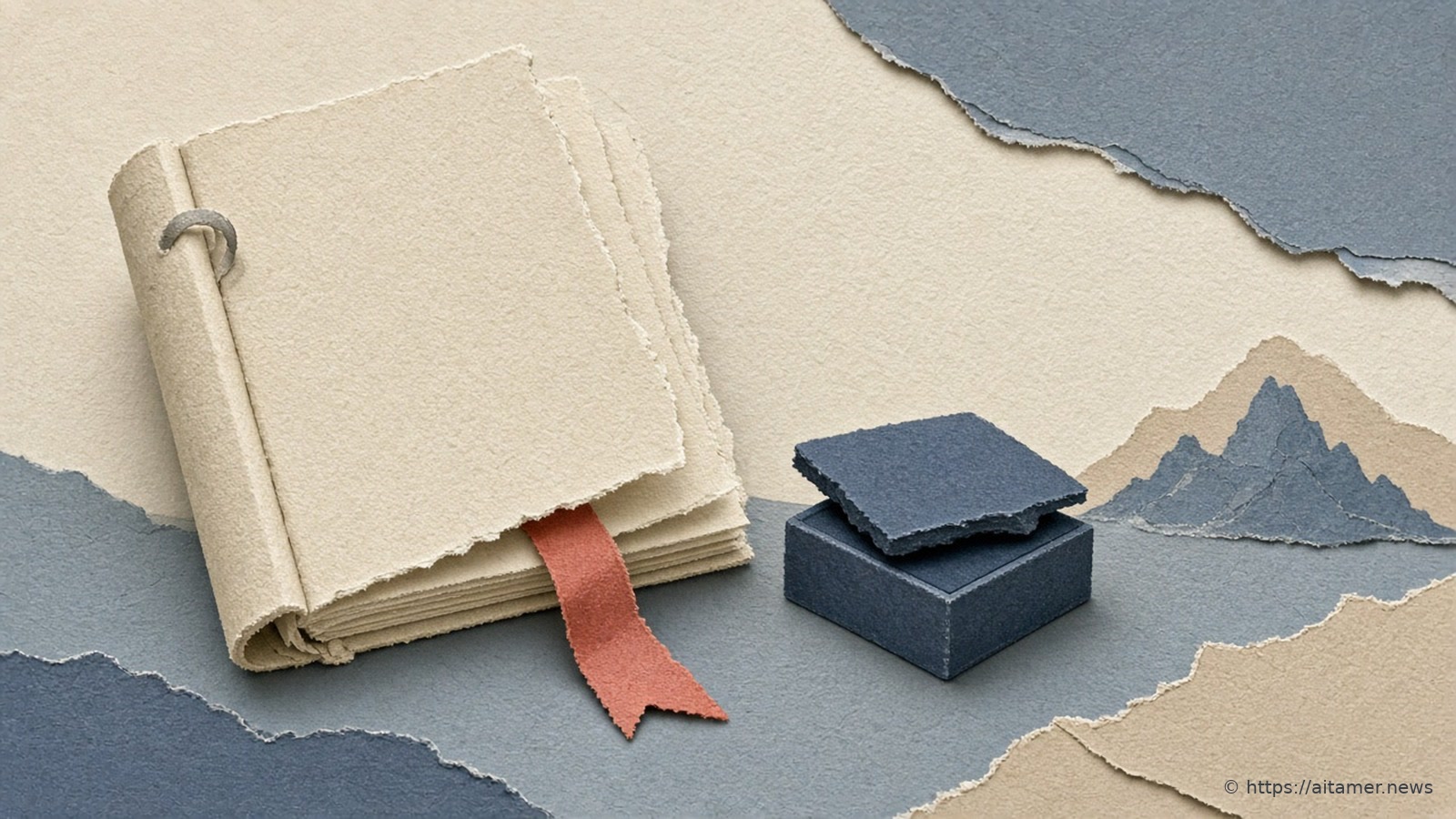 Paper-craft cream ring-bound catalogue with a coral ribbon bookmark beside a small slate-blue lidded box, with paper mountains behind.