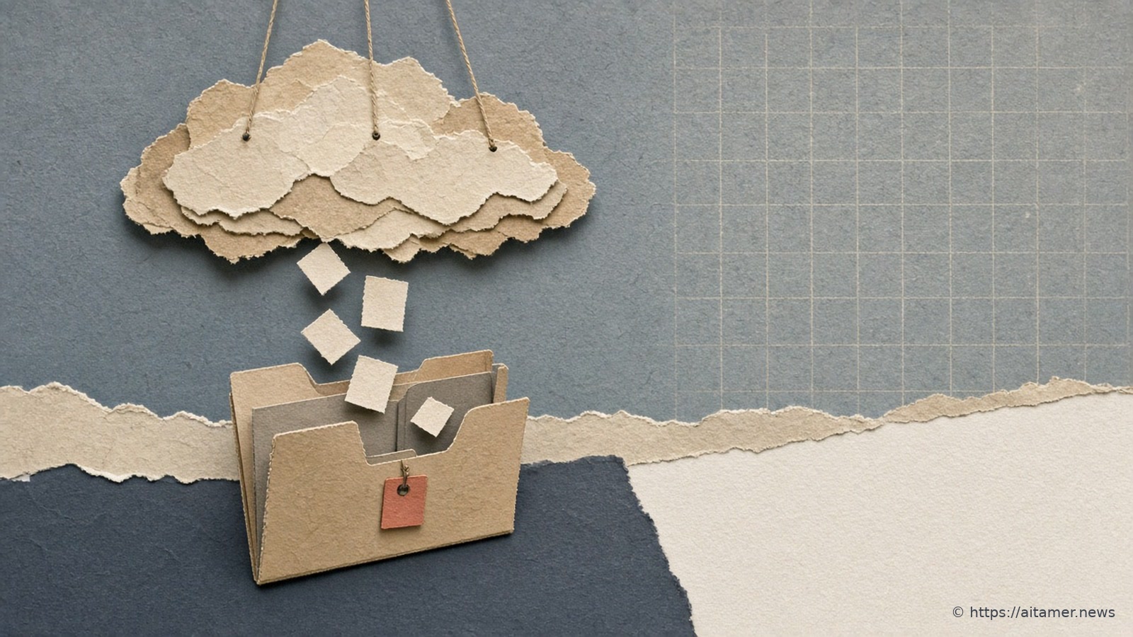 A paper-cut collage of a paper cloud lowering on strings toward an open folder, with small cards drifting from it into two waiting trays.