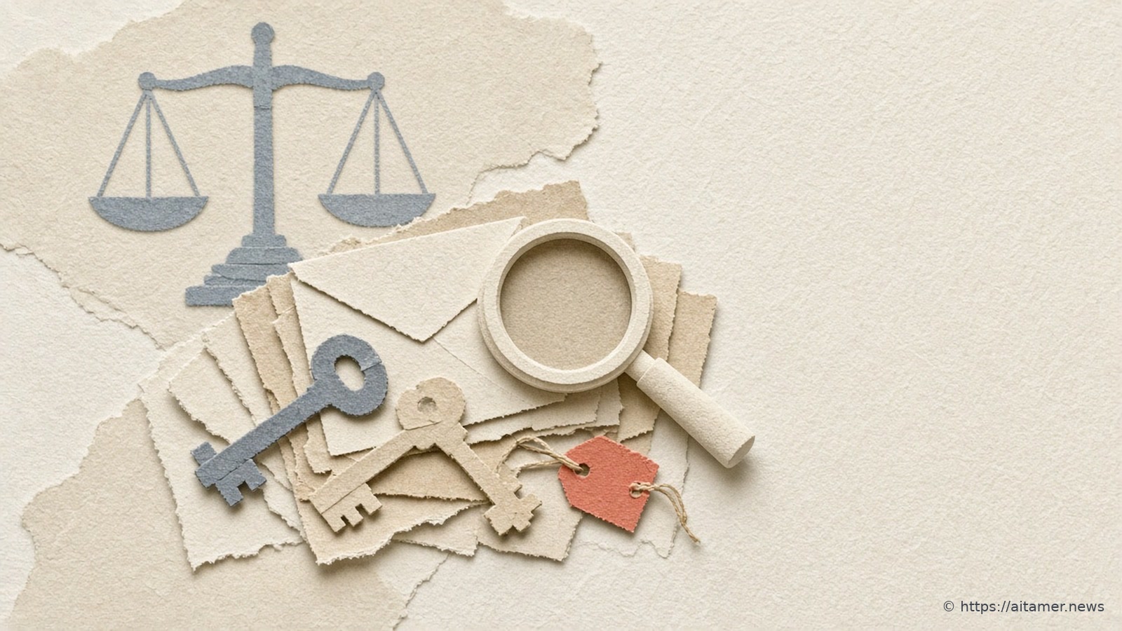 A cut-paper magnifying glass over a pile of paper keys and envelopes, one key tagged in coral, with a faint blue balance scale behind.