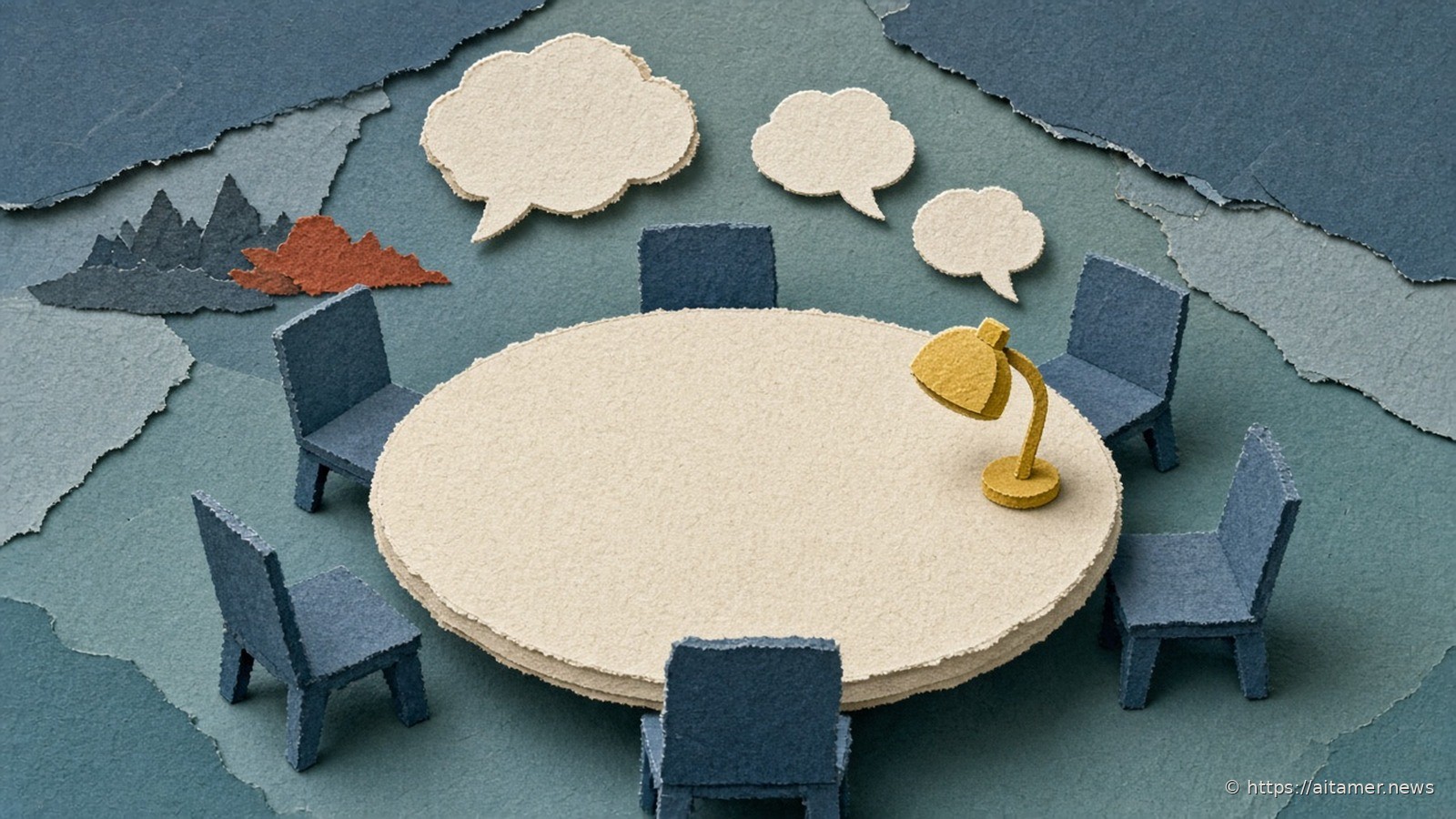 Paper-cut illustration of a round cream meeting table ringed by slate-blue chairs, with a yellow desk lamp seated at the table as a participant and blank speech bubbles above.