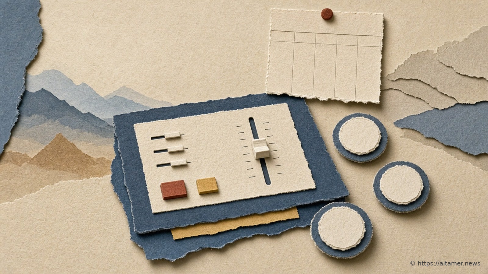 Paper-cut illustration of a mixing console with three round dials set aside beside it and one large fader left in place, under a pinned calendar page.