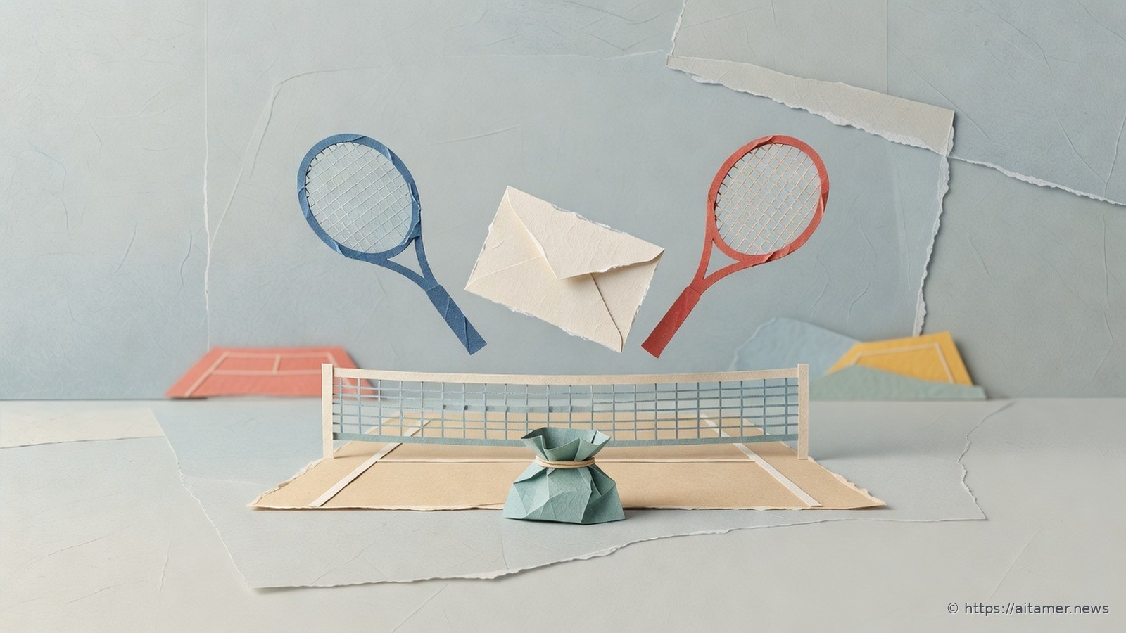 A paper envelope hangs between a blue and a red tennis racket over a net, with an empty coin pouch below.