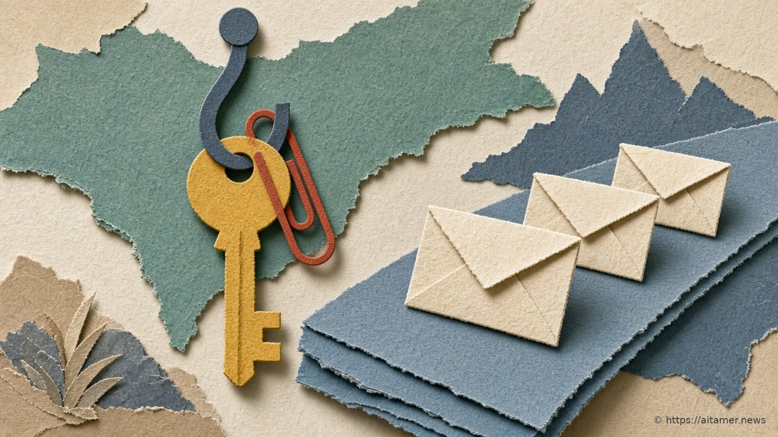 A sulfur-yellow paper key held on a slate-blue hook by a rusty-red paper clip, while ivory paper envelopes move away on a dusty-blue strip.