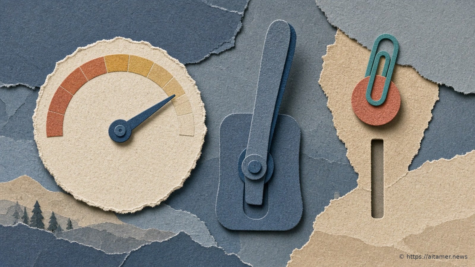 A cream paper gauge with a rust-to-yellow arc and slate needle beside a slate switch lever and a coral token on a teal clip, over torn blue paper hills.