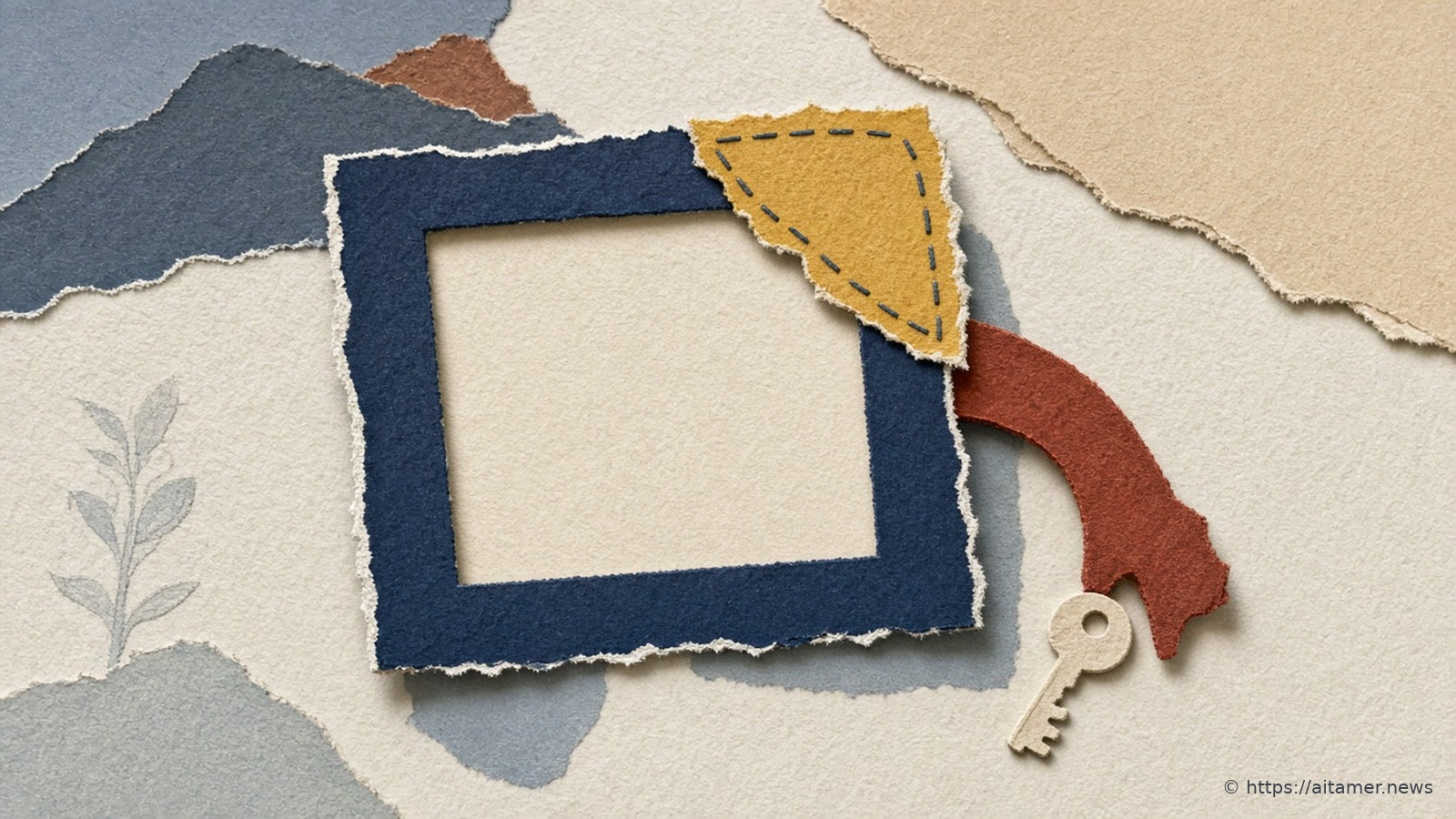 An empty deep-navy cut-paper picture frame on a cream desk, a rusty-red hook reaching from behind it toward a small ivory key.