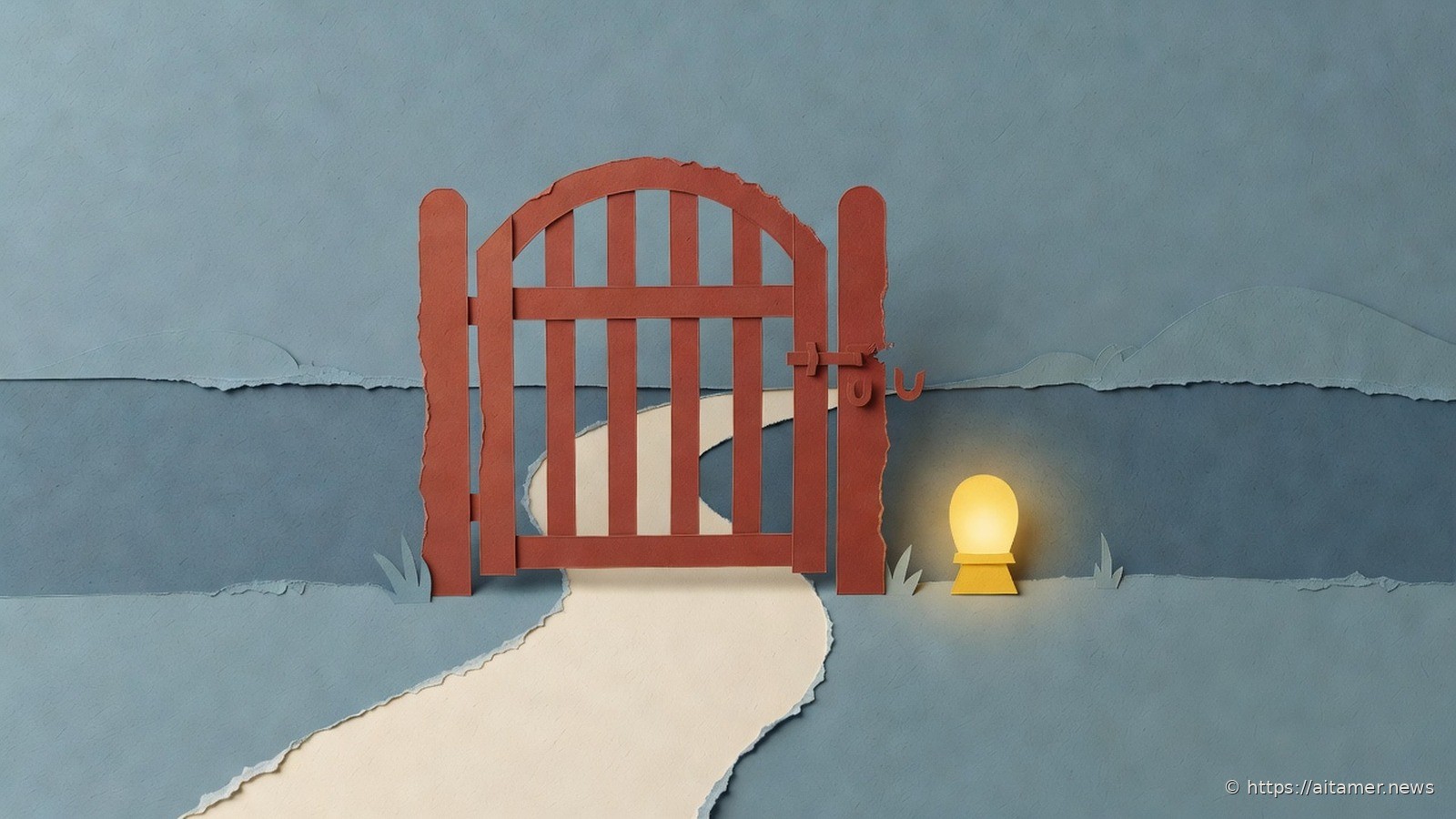 A rust-red paper gate latched shut across a cream path, with a small yellow signal lamp glowing beside it.