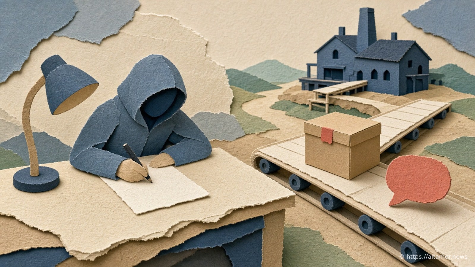 A hooded paper figure writes at a lamp-lit desk while a conveyor carries a sealed box toward a distant slate-blue workshop, a coral speech bubble returning.
