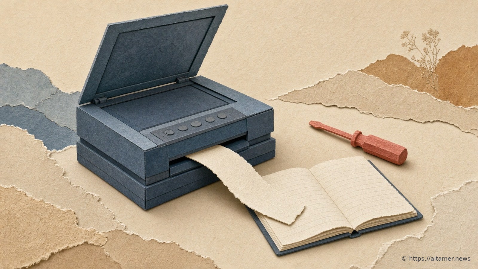 A slate-blue paper film scanner feeding a cream strip into an open book, with a coral-handled tool beside it.