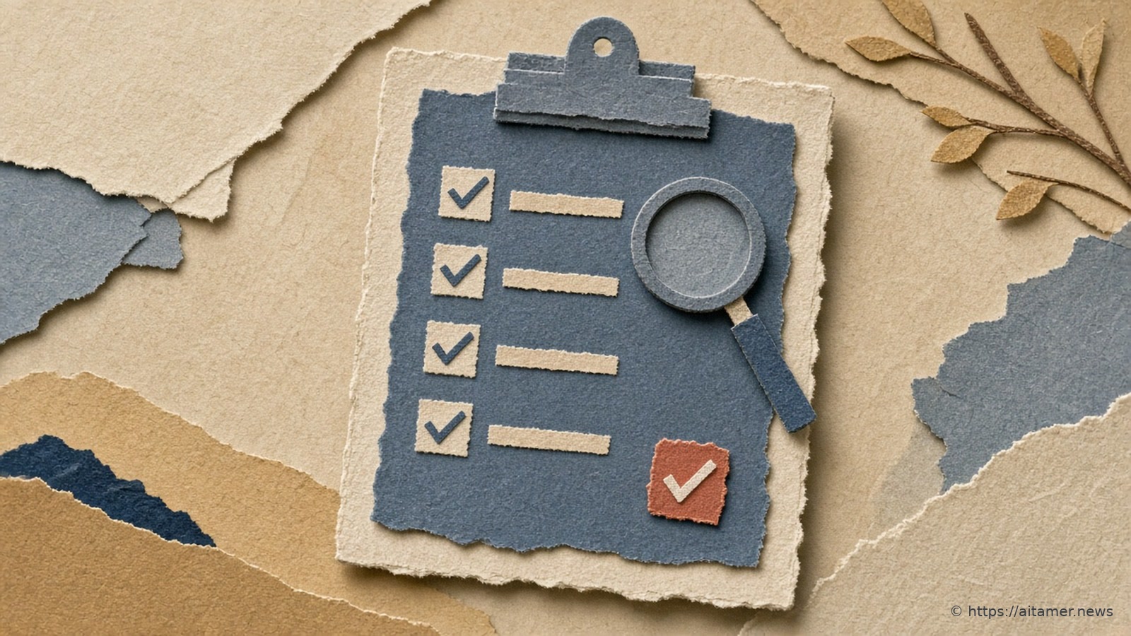 A slate-blue paper clipboard with four checked boxes, a magnifying glass, and one coral checkmark tile on sand and cream layers.