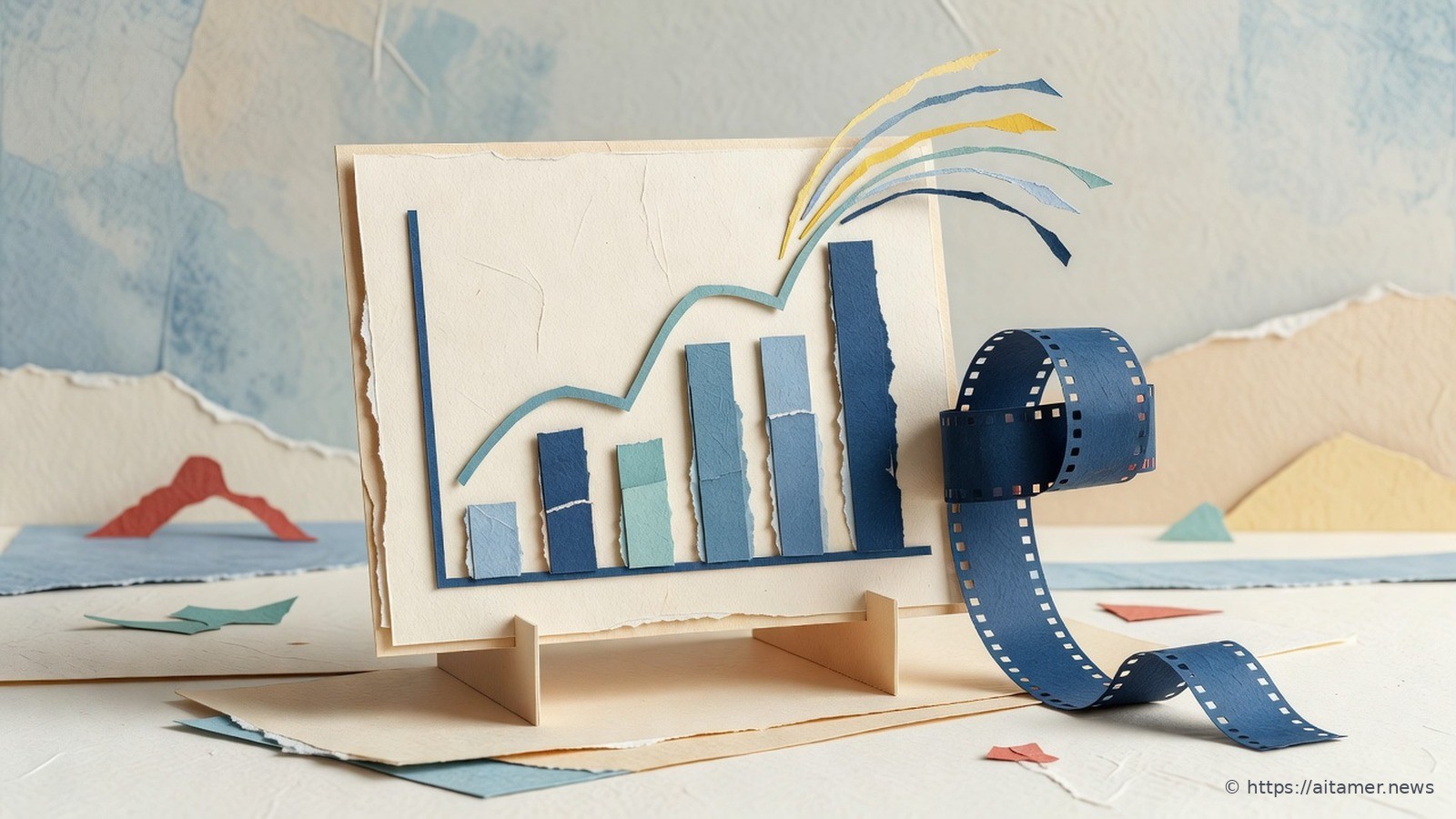 Paper-cut illustration of a board on a stand with blue bar chart shapes and a teal trend line, colored motion trails rising from the top and a navy film strip curling beside it.