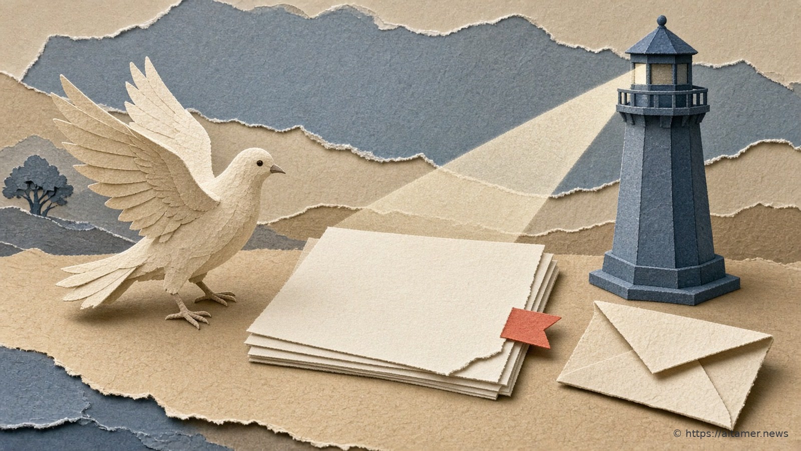Paper-cut illustration of a carrier pigeon landing beside a stack of blank sheets and an envelope, while a small lighthouse sweeps its beam across the desk.