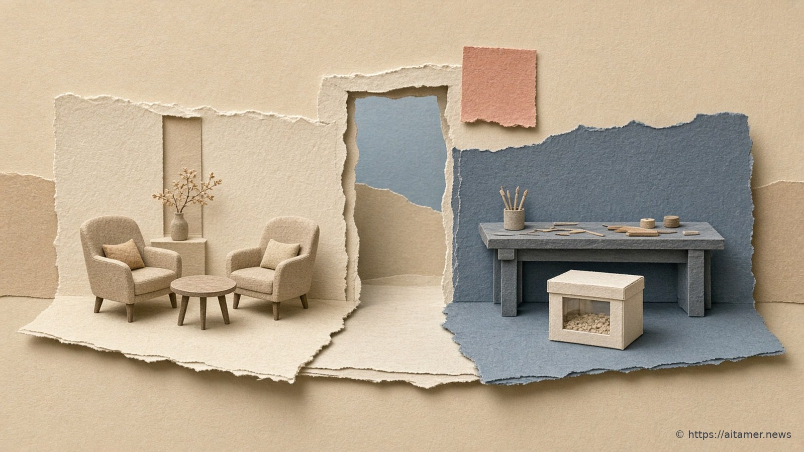 Two cut-paper rooms joined by an open doorway: a cream sitting room with armchairs and a slate-blue workshop with tools and a small windowed box, a blank coral leaf above.