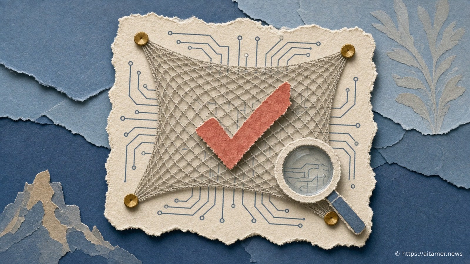 Paper collage of a cream microchip with faint circuit traces, covered by a taut mesh net pinned at the corners, with a coral check mark on the net and a magnifying glass at its edge.