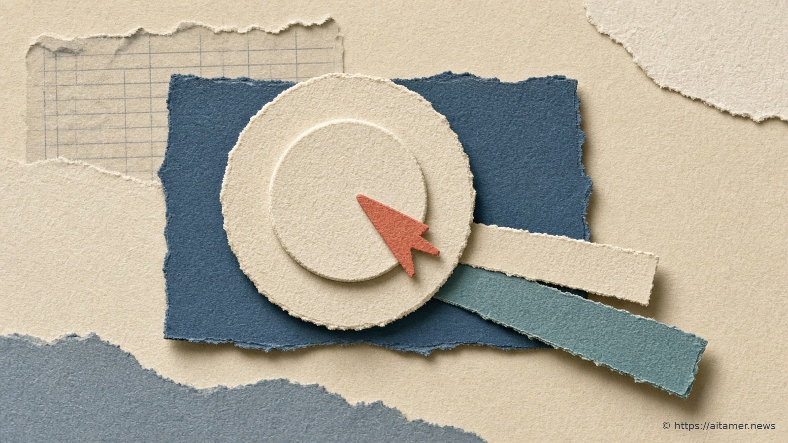 A coral paper cursor arrow points at a cream paper dial on a navy card, with cream and teal paper strips sliding out to the right.