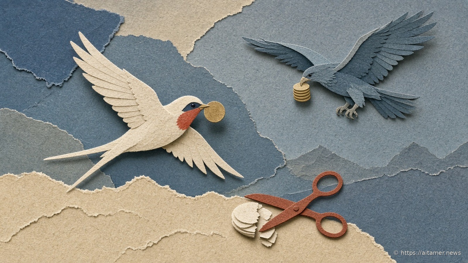 Paper-cut collage: a cream swallow with a coral throat carries a gold coin, a dusty-blue hawk carries a stack of coins, and rust-red scissors snip a pile of coins on a sand-colored ledge.