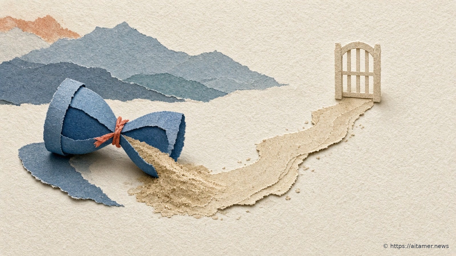 A dusty-blue paper hourglass lies on its side, its sand spilling onto a long open paper path with a single gate far in the distance.