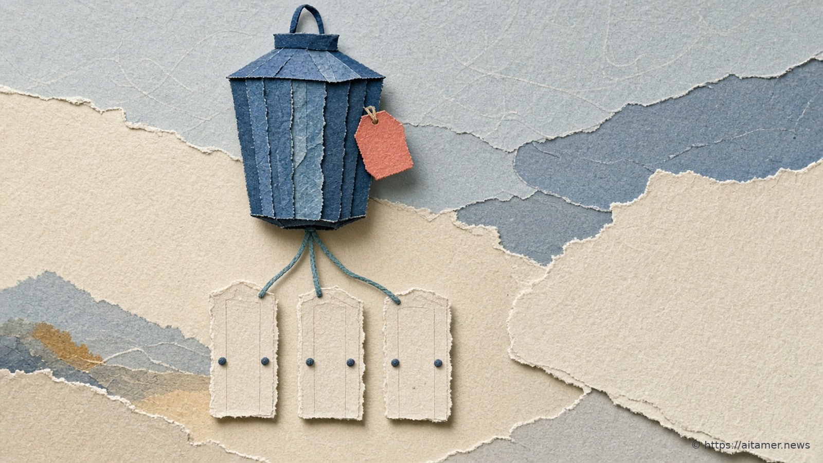 A slate-blue cut-paper lantern with a small coral tag hangs above three cream arched doors, each linked to it by a thin muted-teal thread.